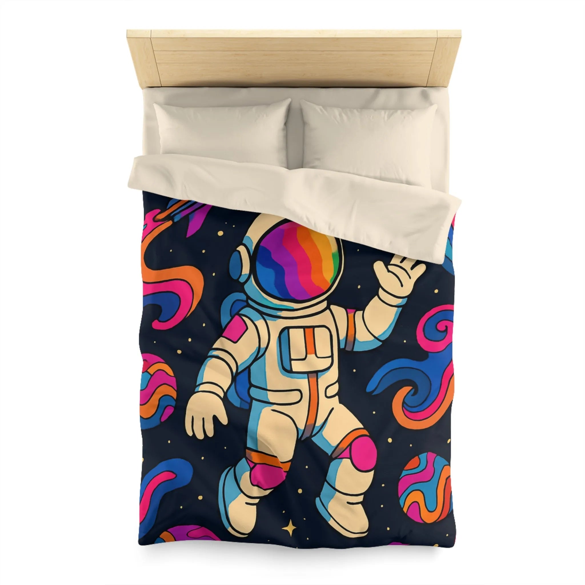 Housse de Couette Astronaute Psychédélique dans l’Espace avec Planètes Colorées et Fusées