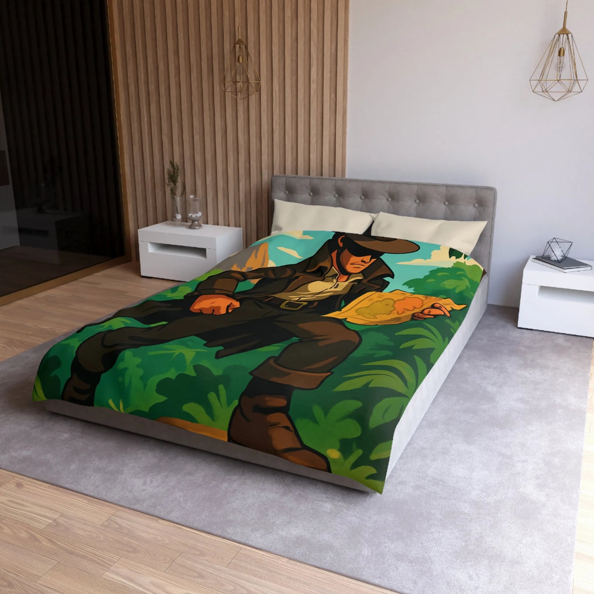 Housse de couette d'explorateur aventureux dans jungle luxuriante avec carte mystique colorée