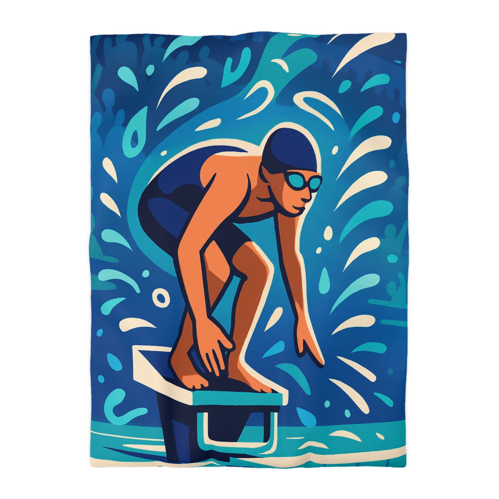 Housse de couette vibrante avec nageur prêt à plonger dans une piscine dynamique