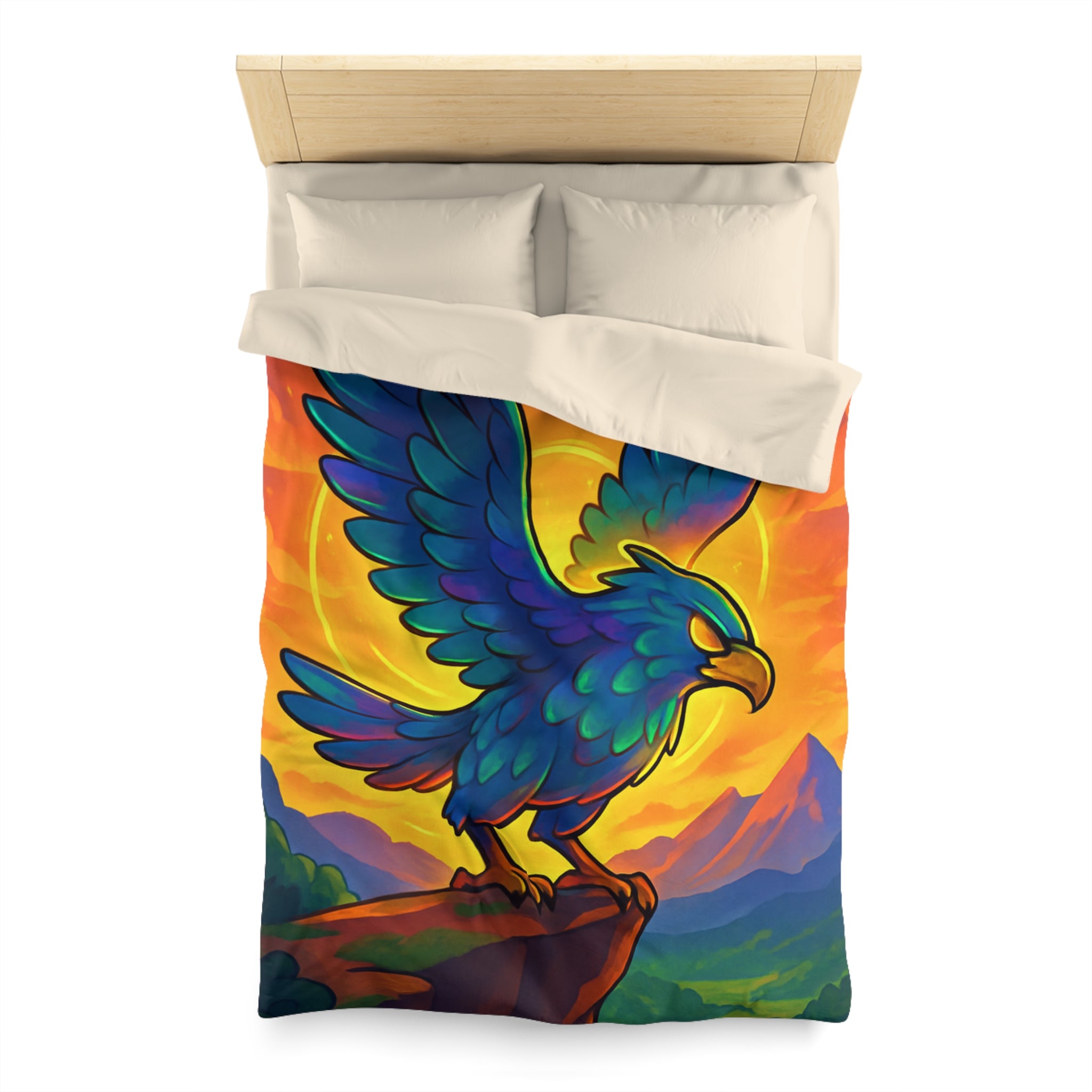 Housse de couette montagneuse avec aigle majestueux et vue spectaculaire au lever du soleil