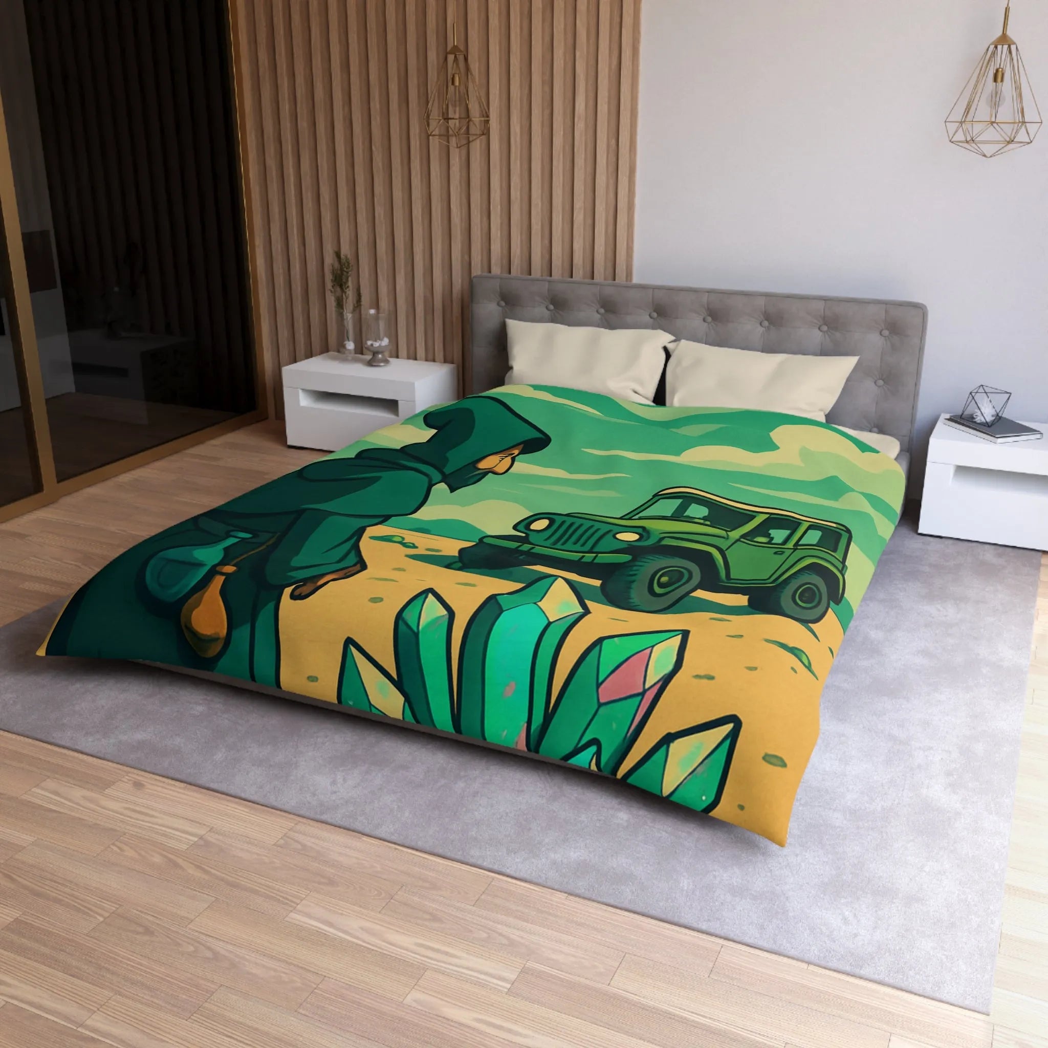 Housse de couette illustrée avec paysage surnaturel, grotte colorée et véhicule tout-terrain