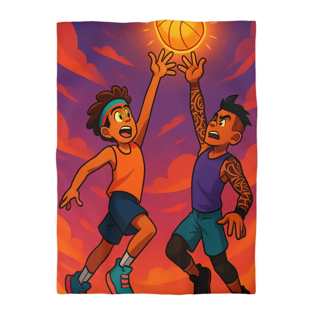 Housse de couette basketball, style dessin animé, coucher de soleil dynamique énergique