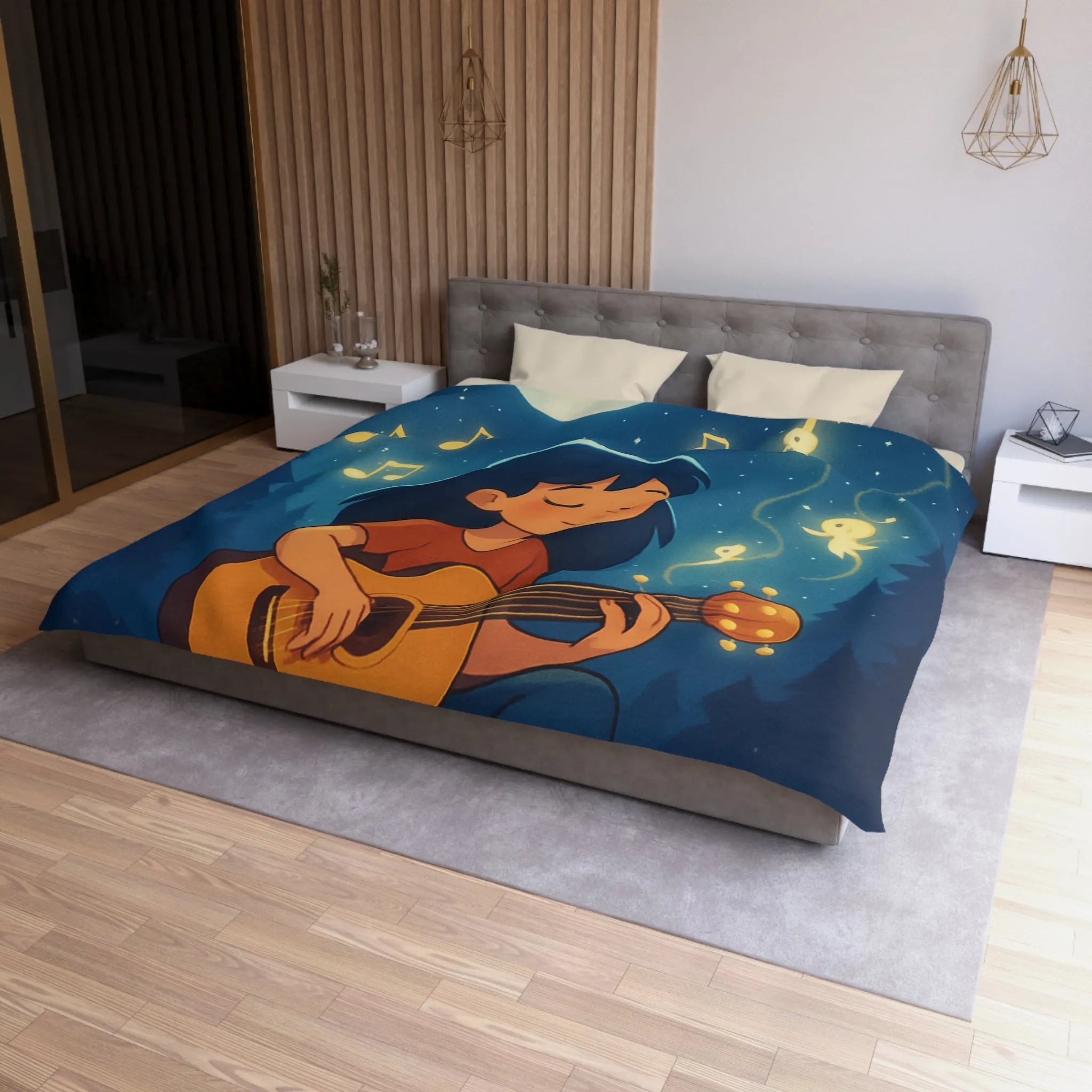Housse de couette enchantée avec enfant jouant de la guitare sous la pleine lune