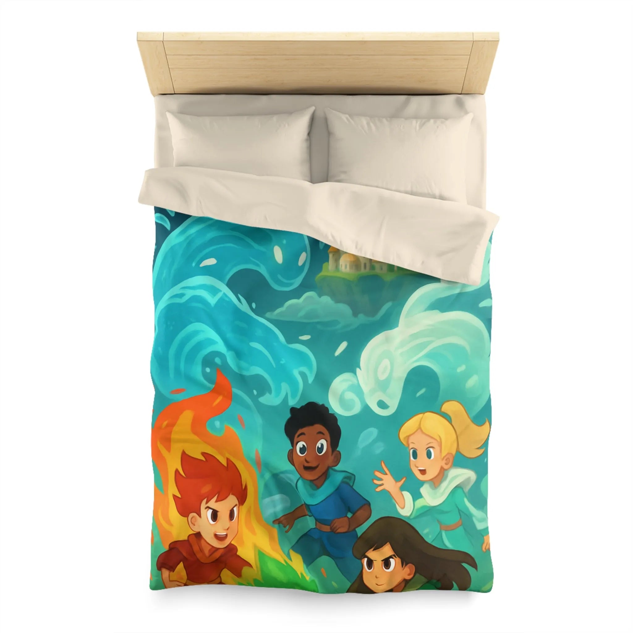 Housse de couette avec illustration de jeunes héros des éléments devant un château magique