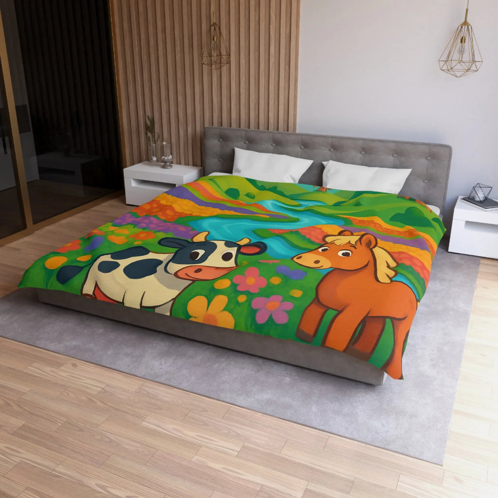 Housse de couette enfantine illustrée animaux de ferme joyeux et paysage champêtre coloré