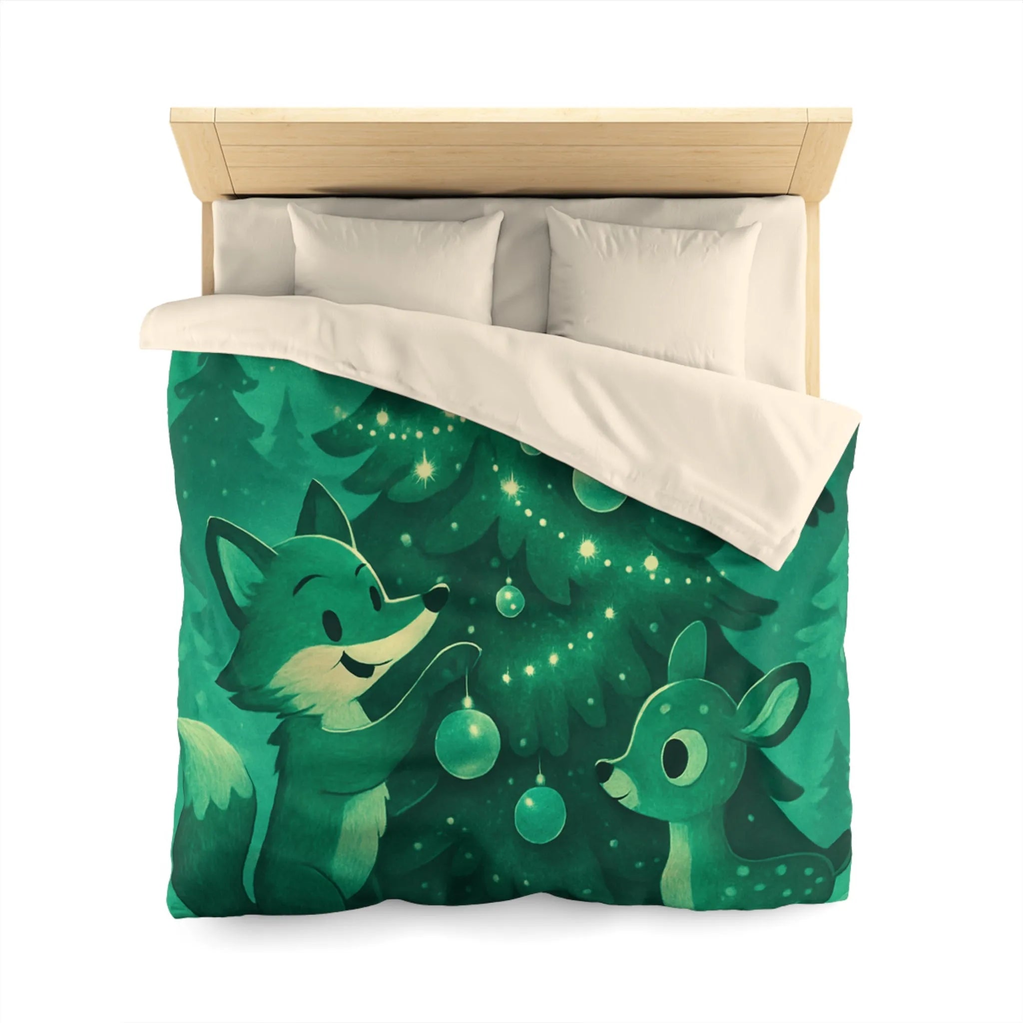 Housse de Couette Animaux Noël Forêt Enchantée avec Sapin et Décorations Merveilleuses