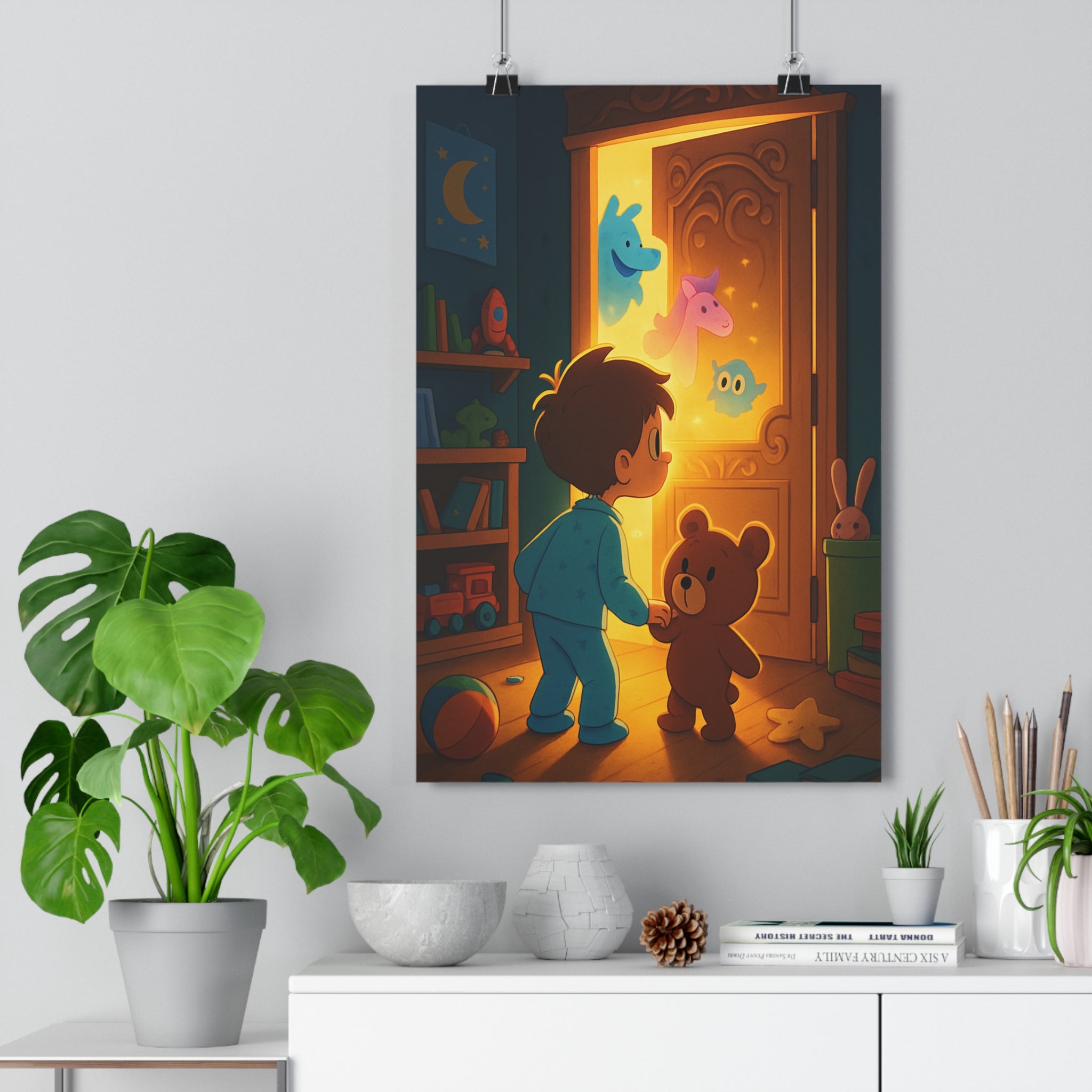 Poster décoratif enfant rêveur magique bleu jaune fantaisie chambre aventure enchantement lumière peluche qualité