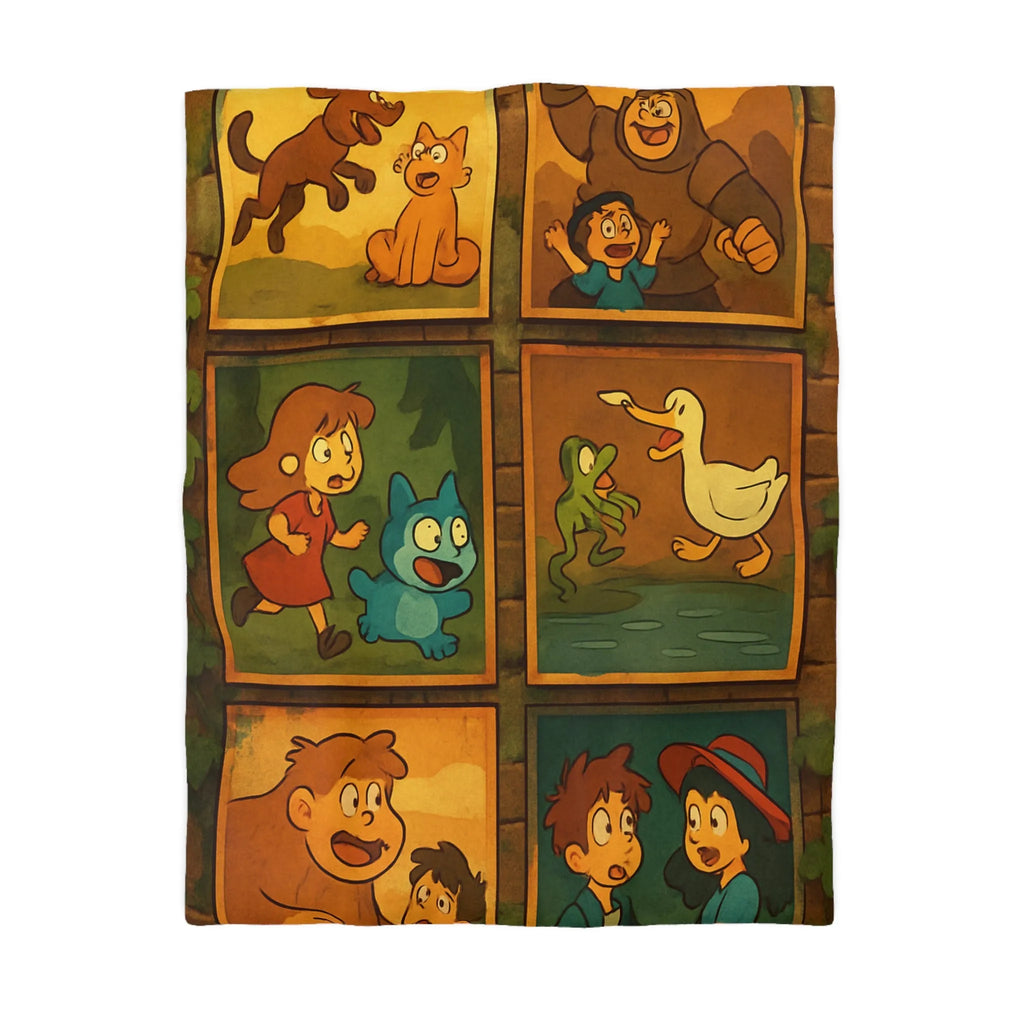 Housse de couette illustrée de scènes animées animalières et humaines ludiques et colorées