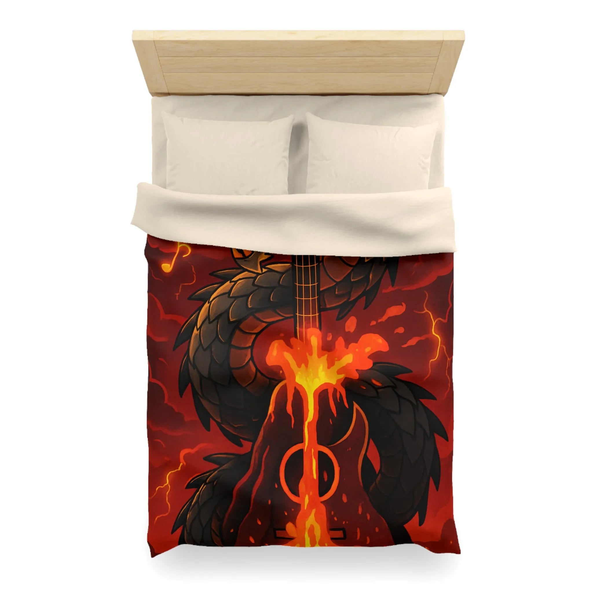 Housse de couette avec dragon noir majestueux et flammes incandescentes, ambiance épique