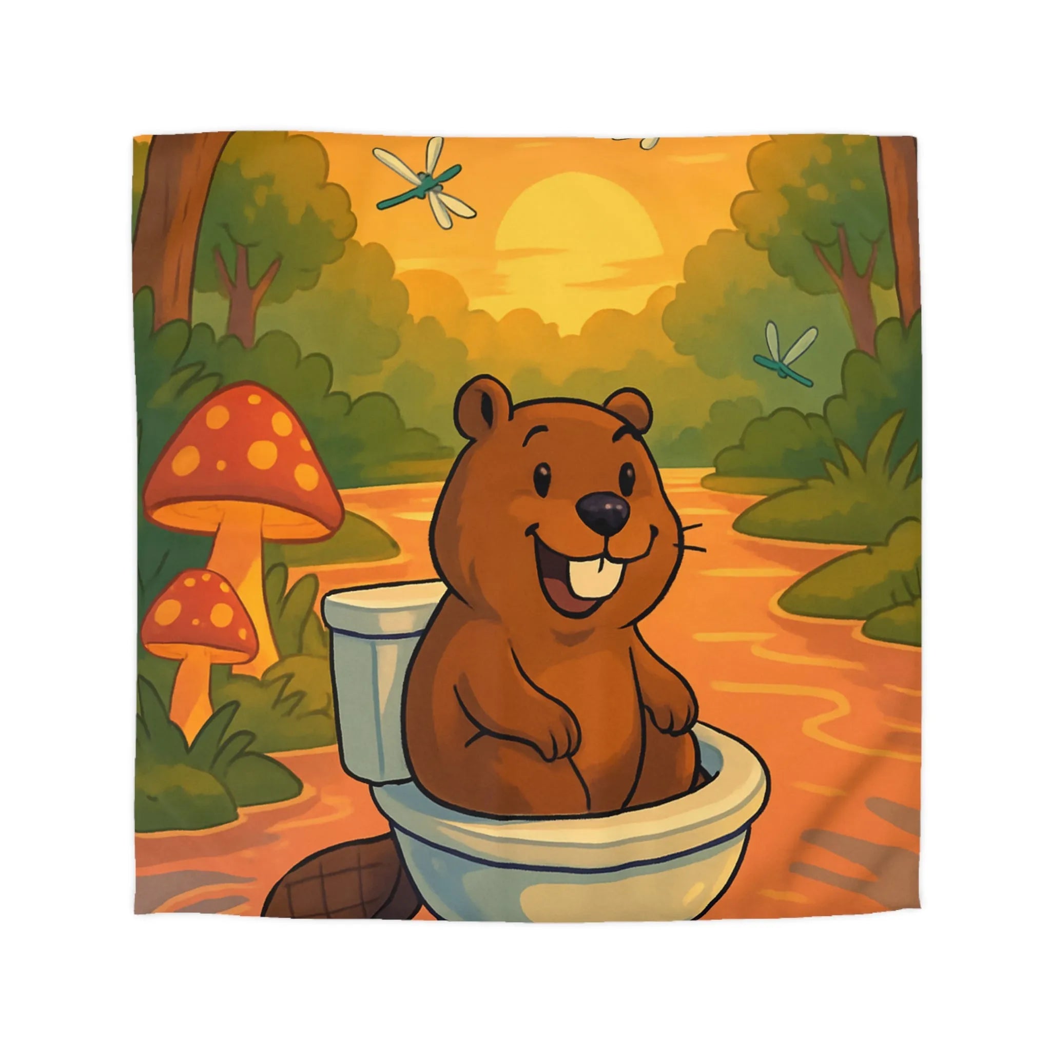 Housse de Couette Enfant Animée avec Castor Amusant et Paysage de Forêt Enchantée