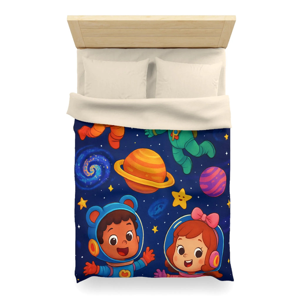 Housse de Couette Enfant : Aventure Cosmique avec Astronautes et Étoiles Colorées Stylisées