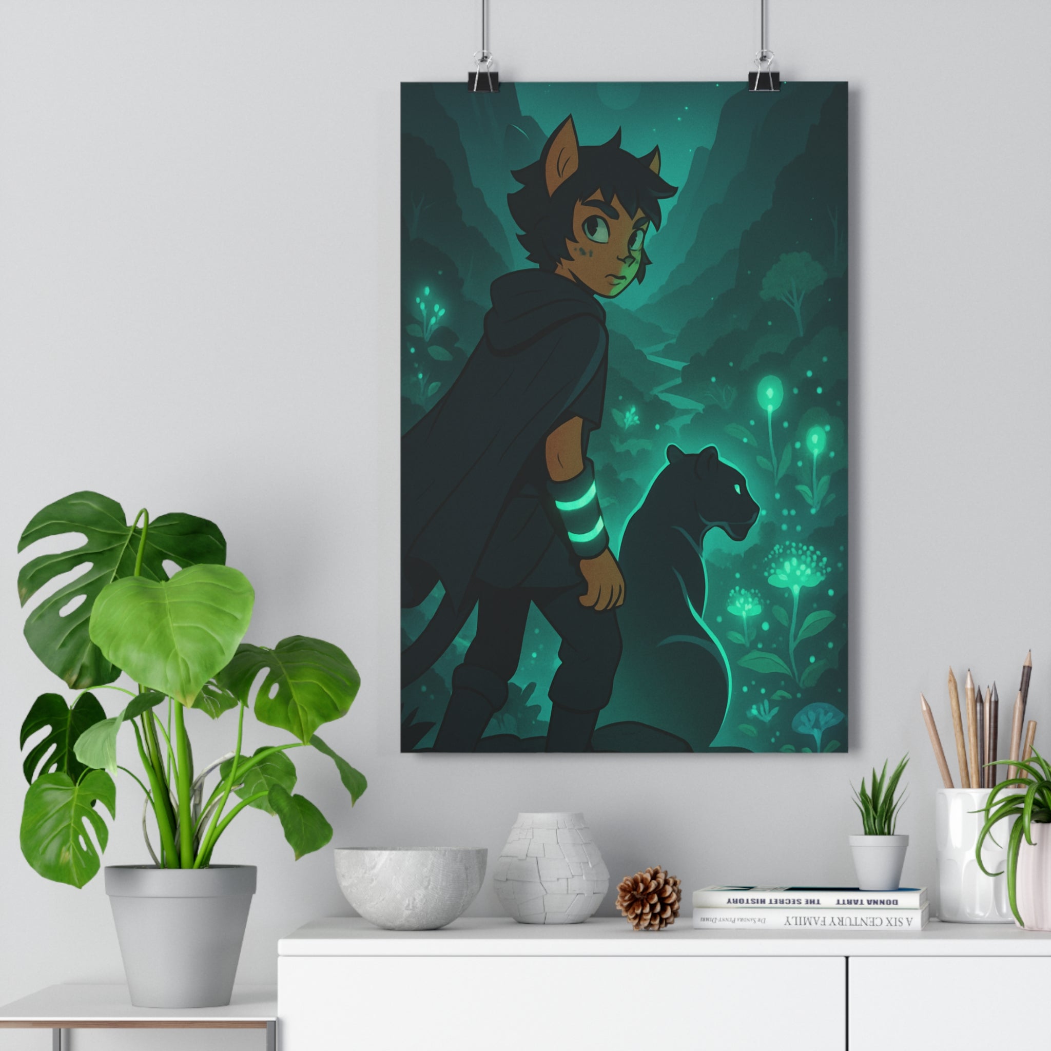 Poster décoratif aventure jungle mystique vert bleu félin panthère fantastique chambre salon 30x46 cm