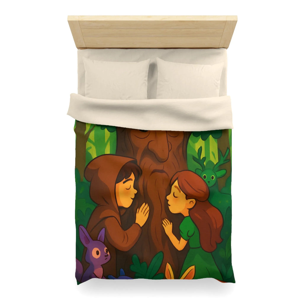 Housse de couette forêt enchantée avec animaux, arbres sages et personnages rêveurs