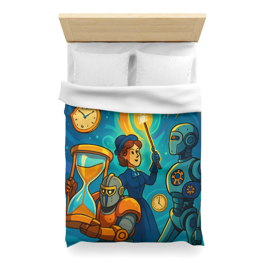 Housse de couette thème science fiction avec robots et horloges pour chambre moderne