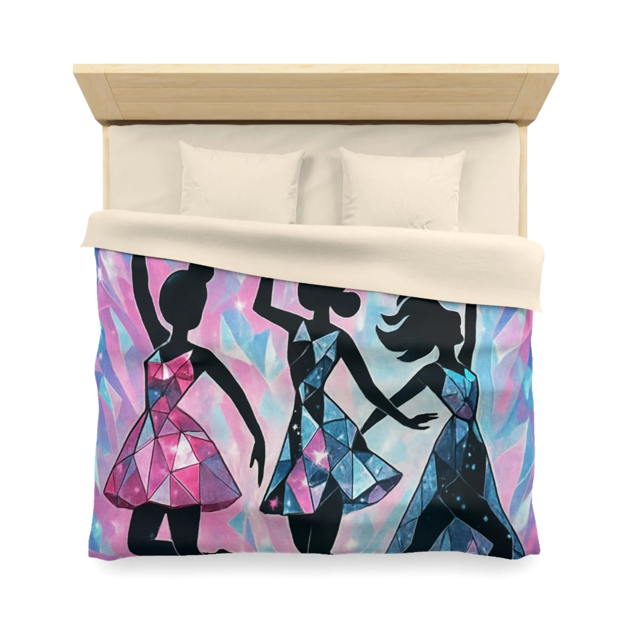 Élégantes silhouettes de danseuses avec motifs géométriques sur fond cristallin scintillant