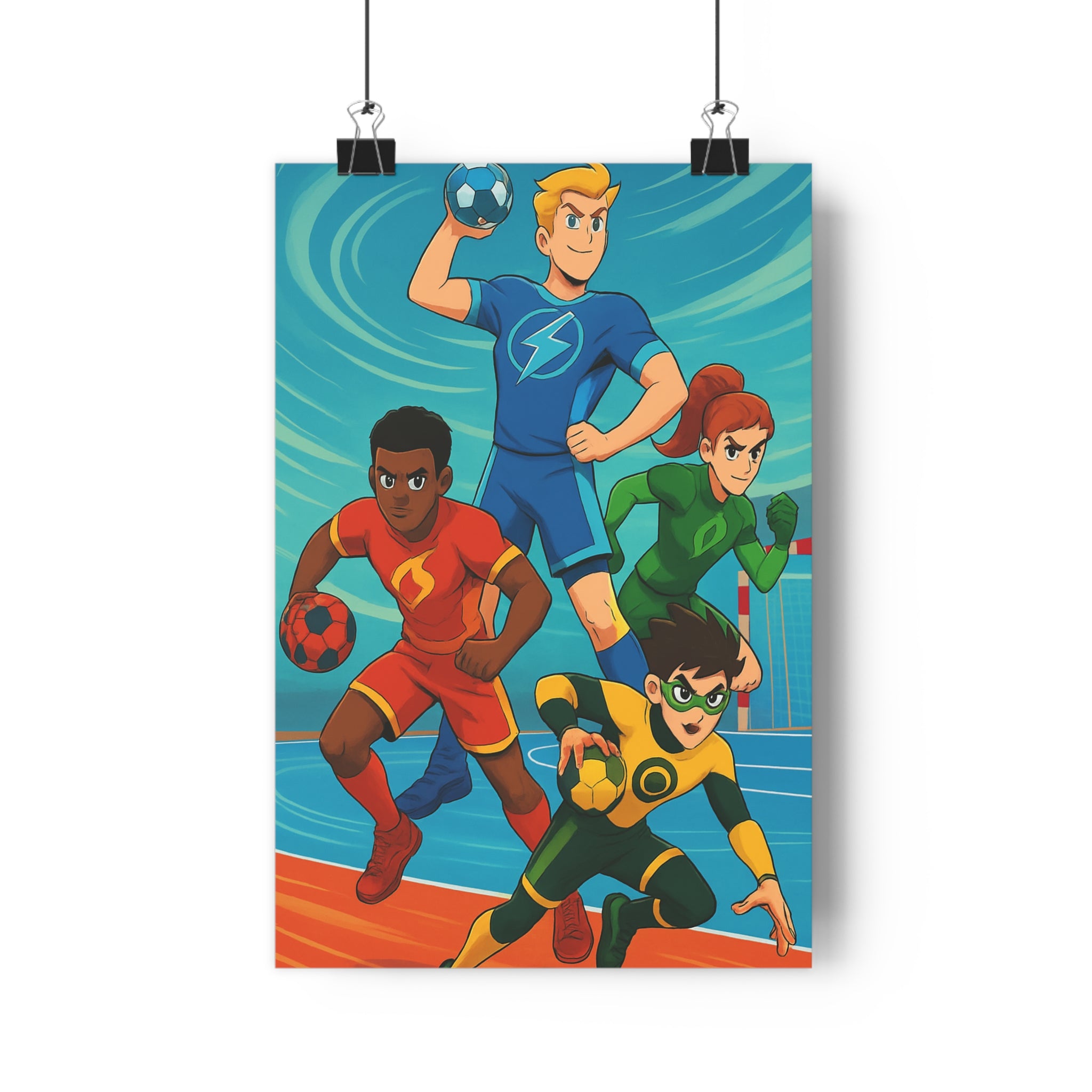Poster décoratif cartoon handball jeunes joueurs sport dynamique coloré bleu rouge vert chambre enfants