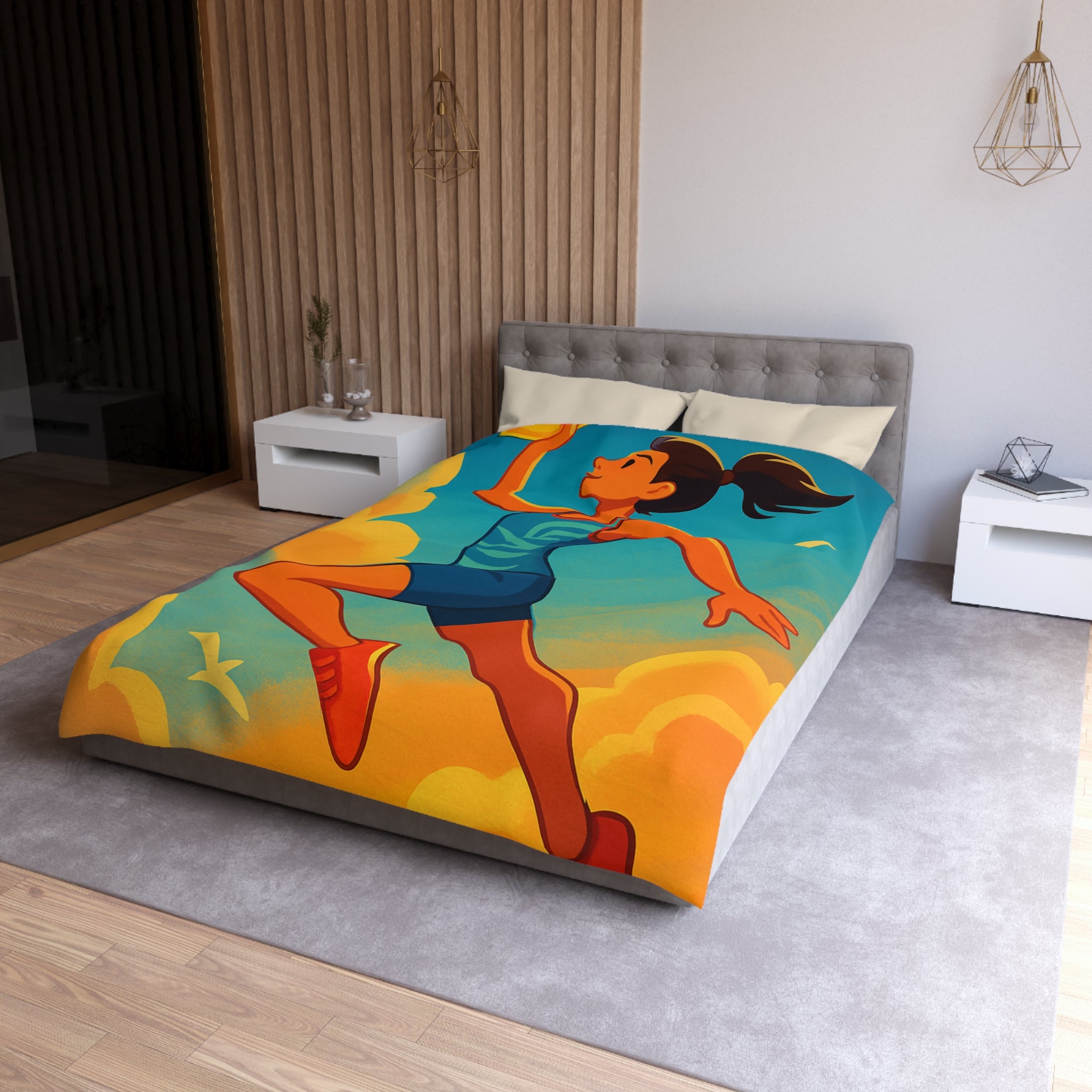 Housse de couette sportive colorée, femme jouant freesbee sous ciel bleu dynamique ultime