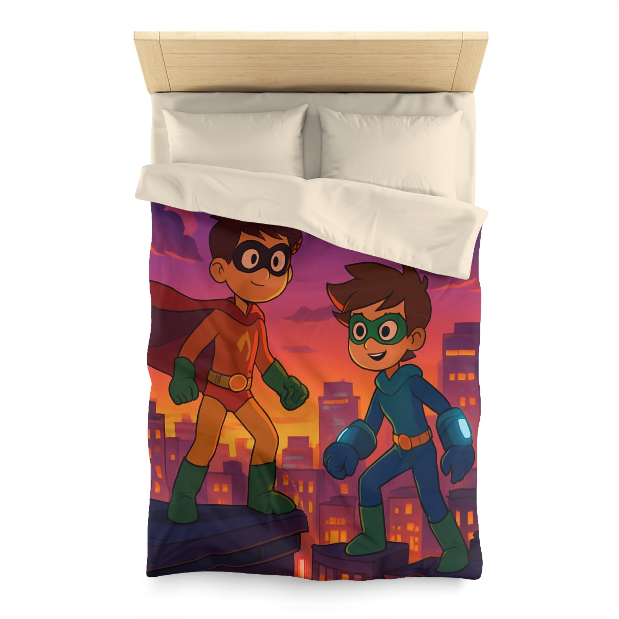 Housse de couette pour enfants avec deux jeunes super-héros au coucher du soleil