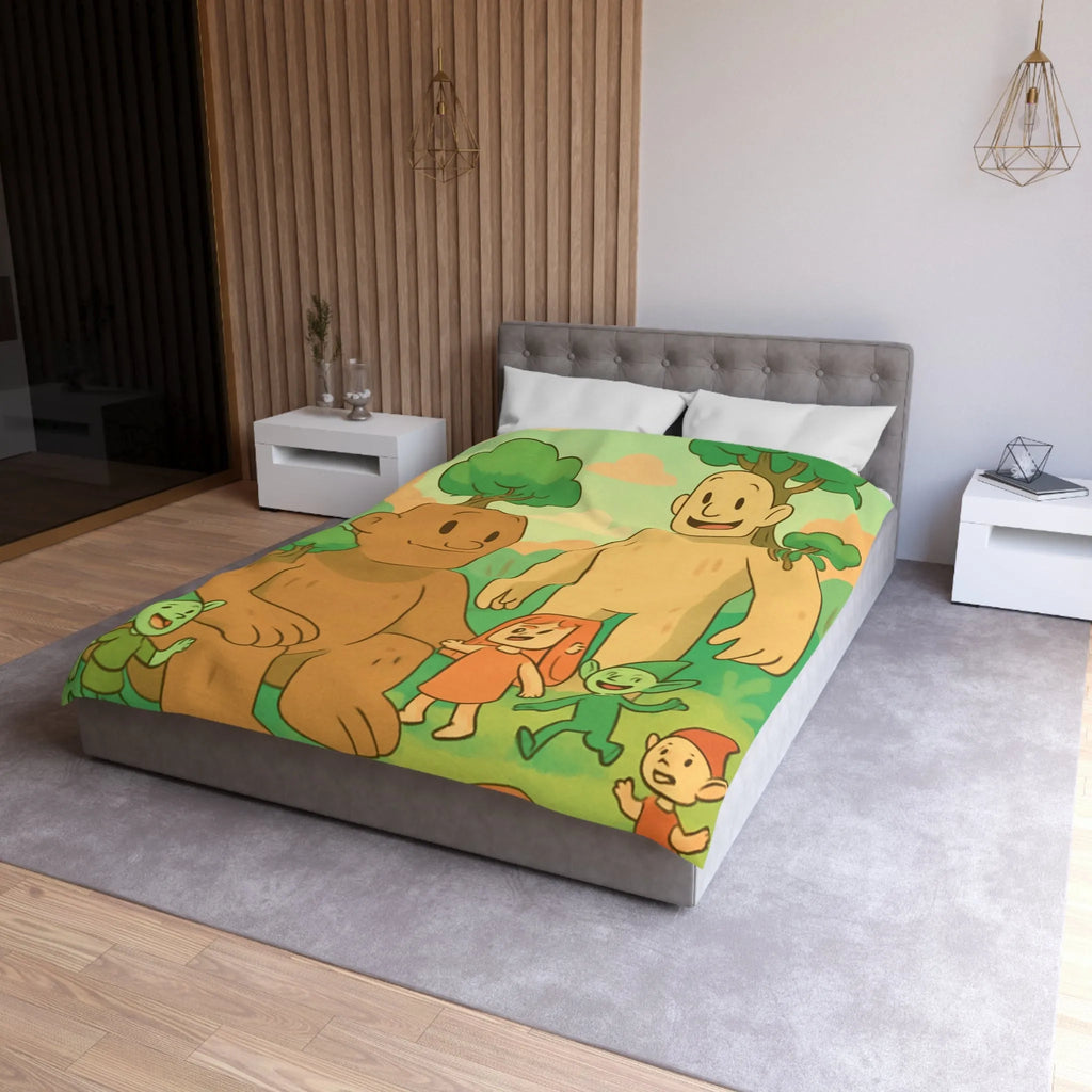 Housse de couette fantastique avec géants arborés et lutins dans une forêt enchantée