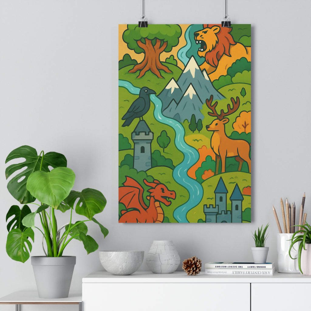 Poster décoratif carte illustrée fantastique aventure mystique vert or gris lion dragon château nature