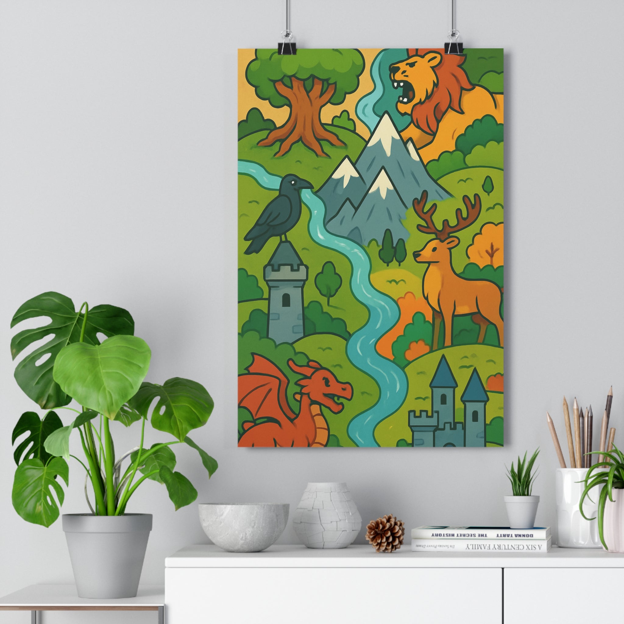 Poster décoratif carte illustrée fantastique aventure mystique vert or gris lion dragon château nature