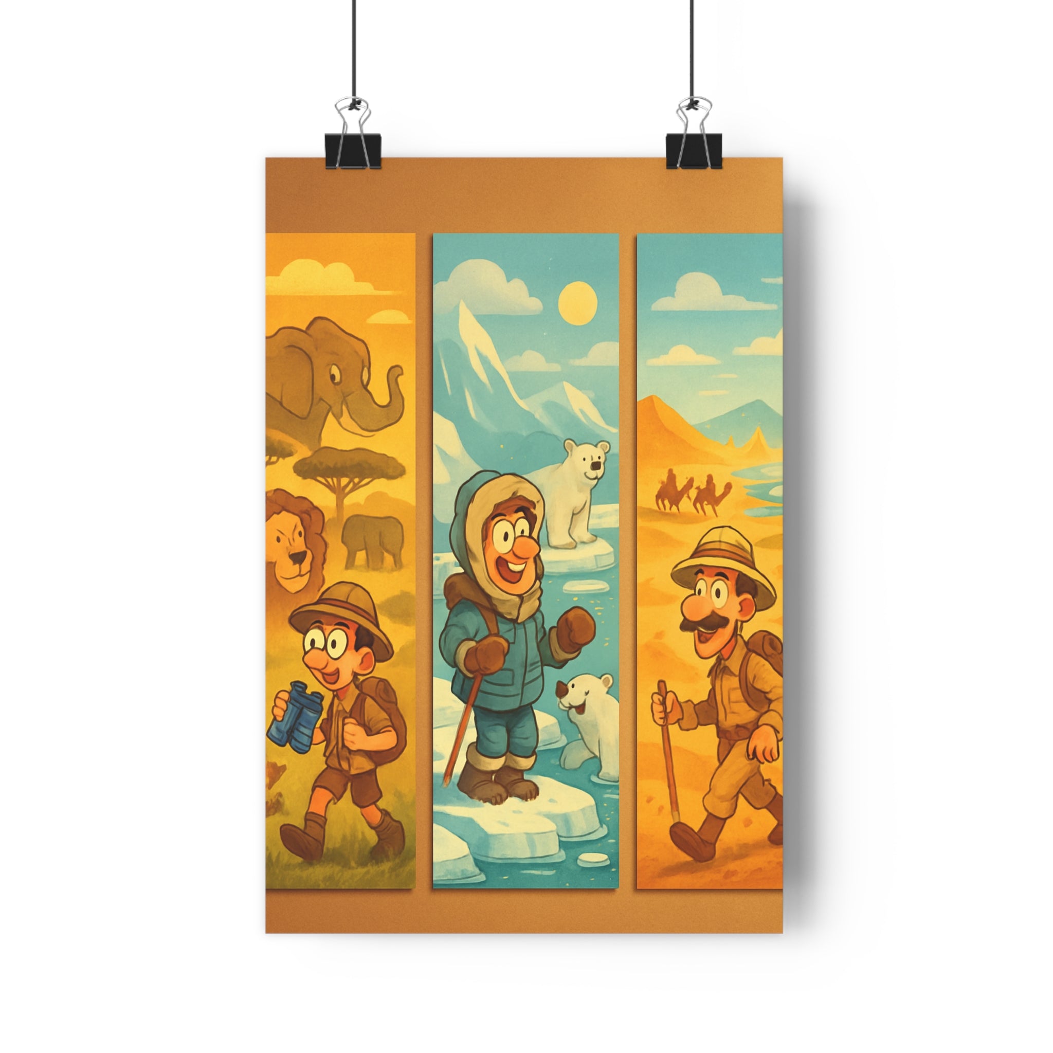 Poster décoratif aventure cartoon coloré explorateur savane désert glace éléphants lions ours chambre qualité