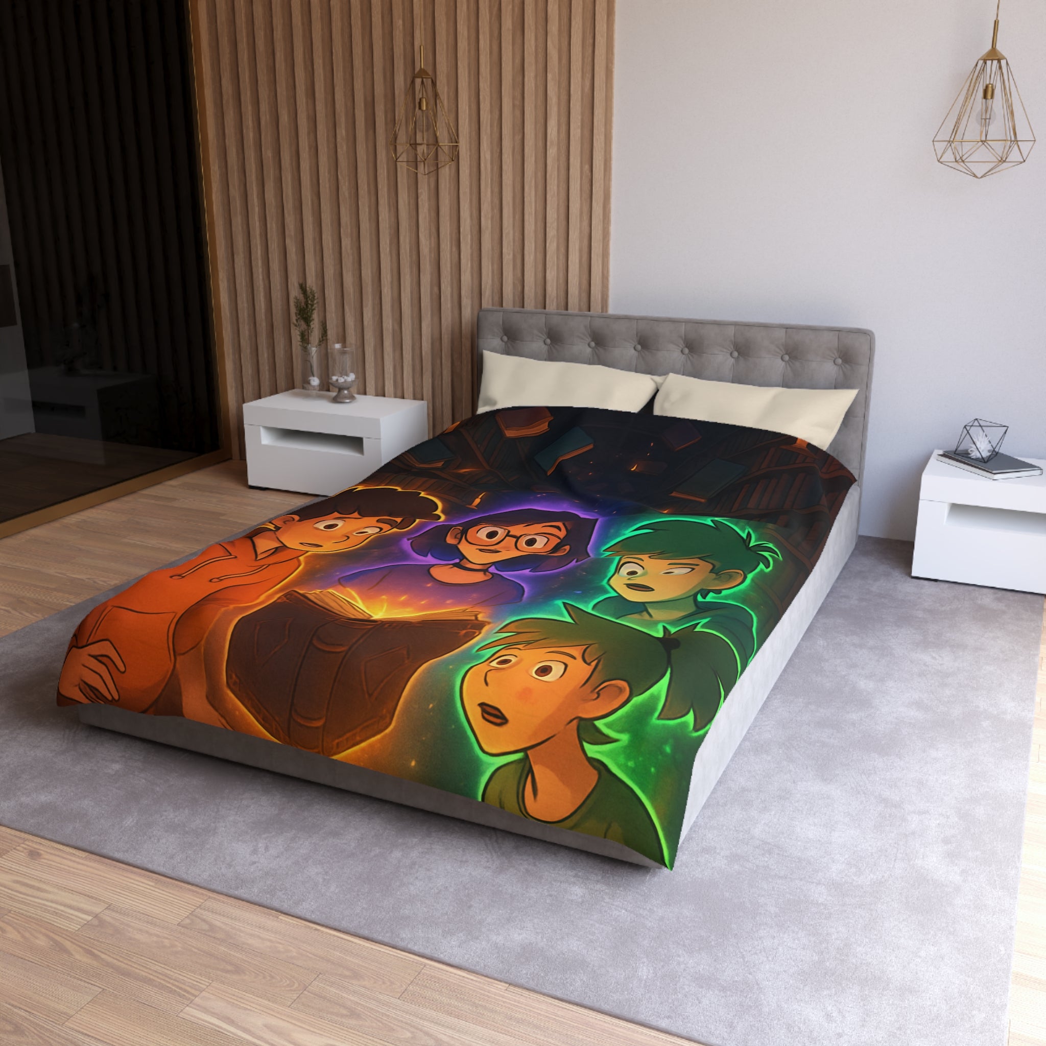 Housse de Couette Mystérieuse avec Enfants Découvrant Livre Magique dans Bibliothèque Enchantée