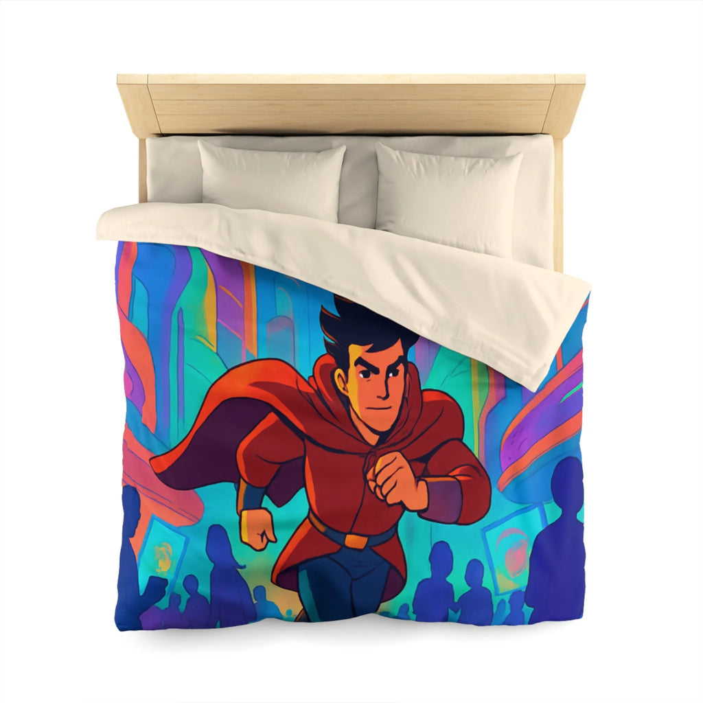 Housse de Couette avec Héros Futuriste Rouge Courant dans Ville Colorée et Dynamique