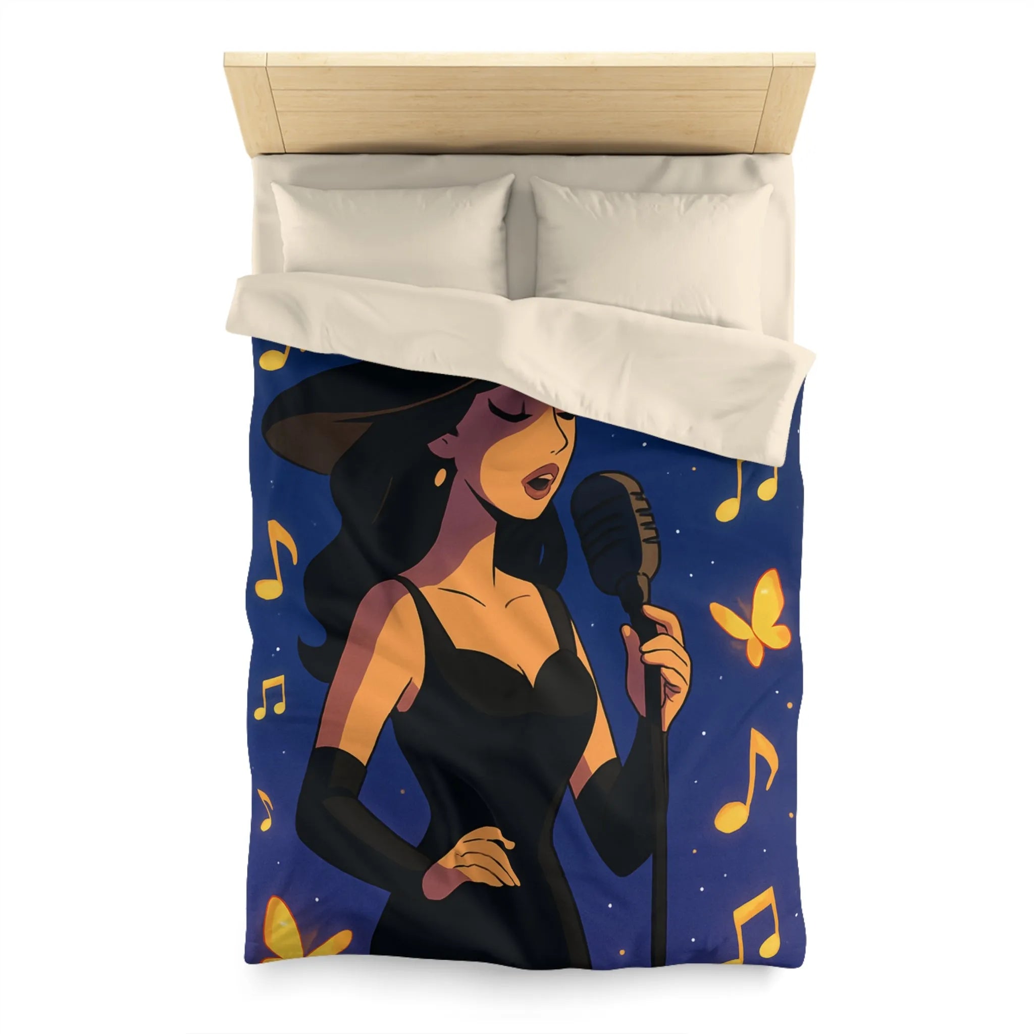 Élégant design musicien nocturne avec notes dorées et papillons sur fond étoilé bleu