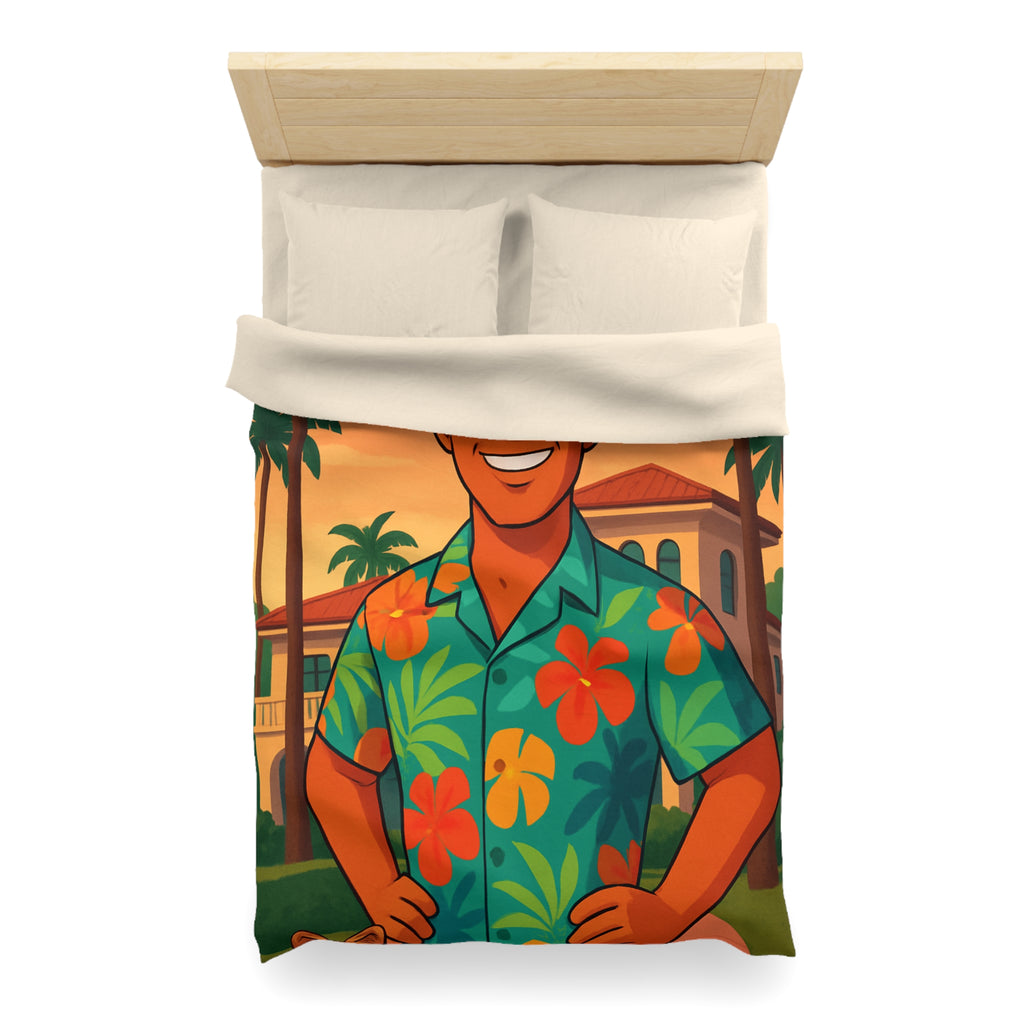 Housse de couette tropicale avec personnage souriant en chemise hawaïenne et palmiers