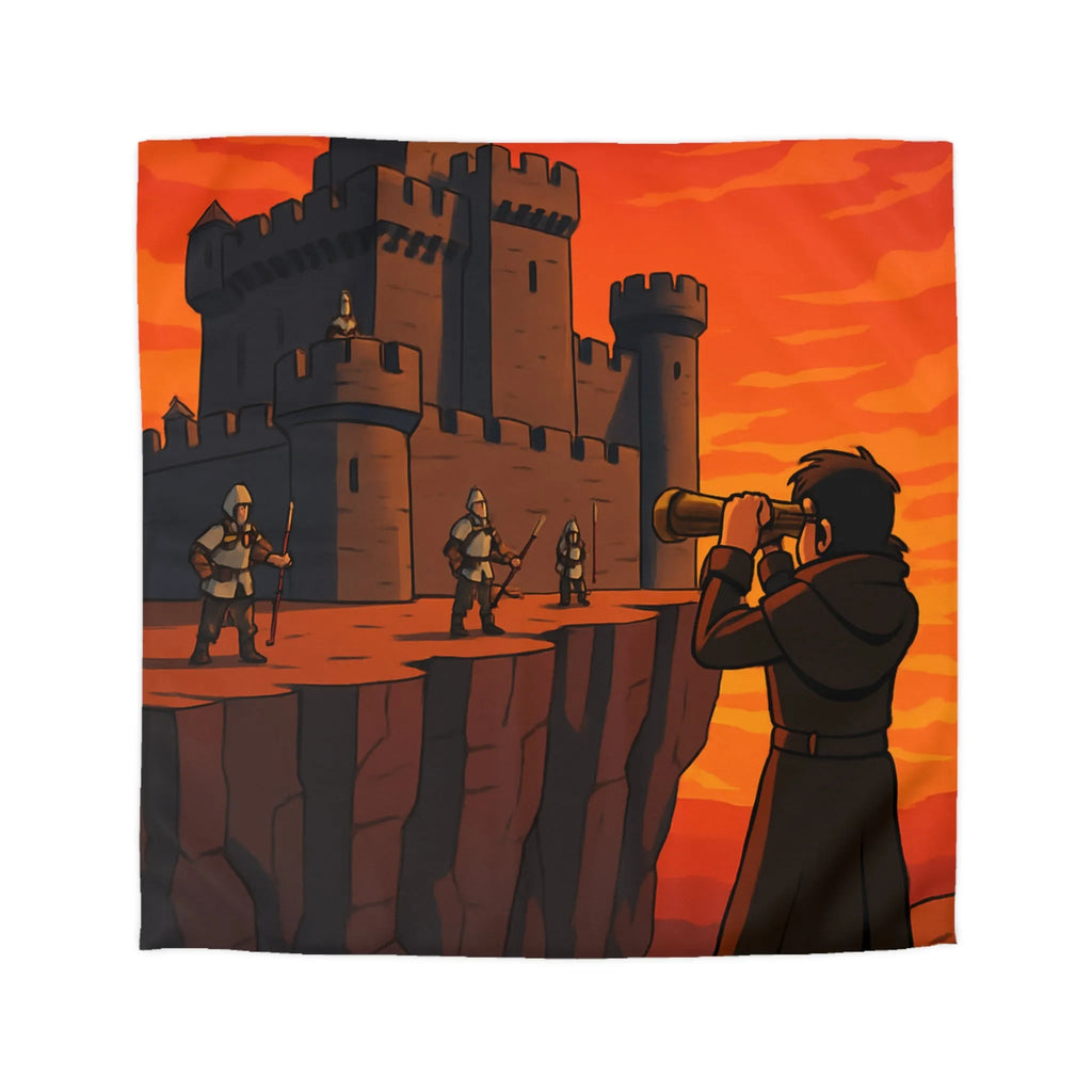 Housse de couette médiévale avec forteresse et observateur sous coucher de soleil épique