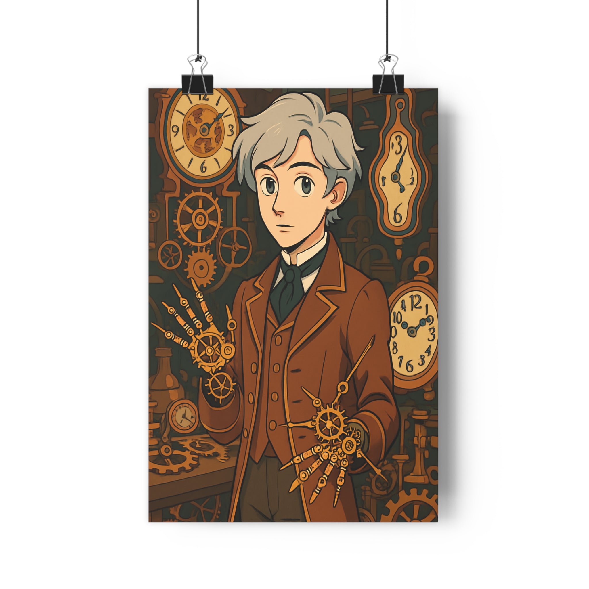 Poster décoratif steampunk rétrofuturiste brun doré créatif bureau mécanique fantastique horloges engrenages jeune personnage