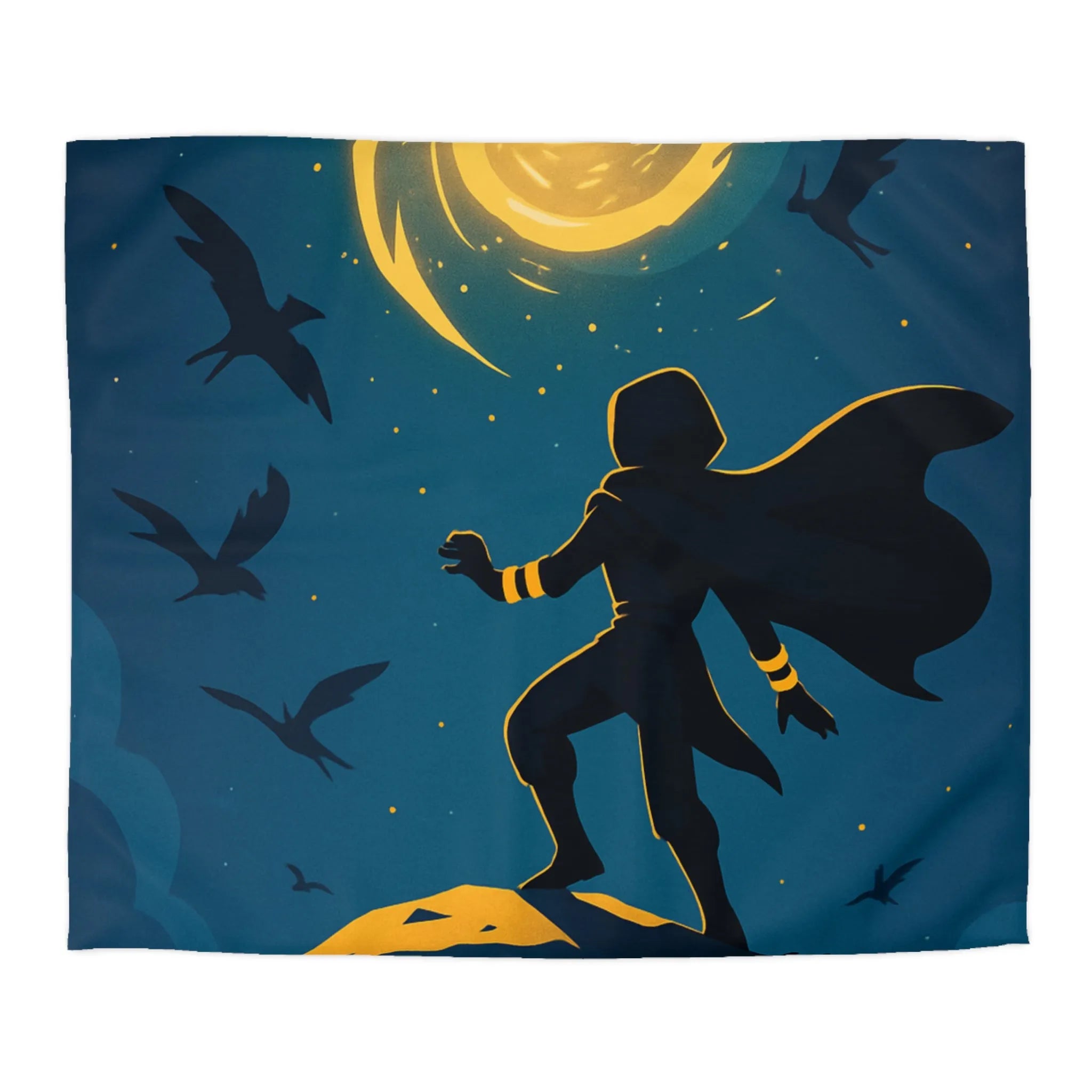 Housse de couette aventure magique, silhouette et spirale dorée dans ciel étoilé