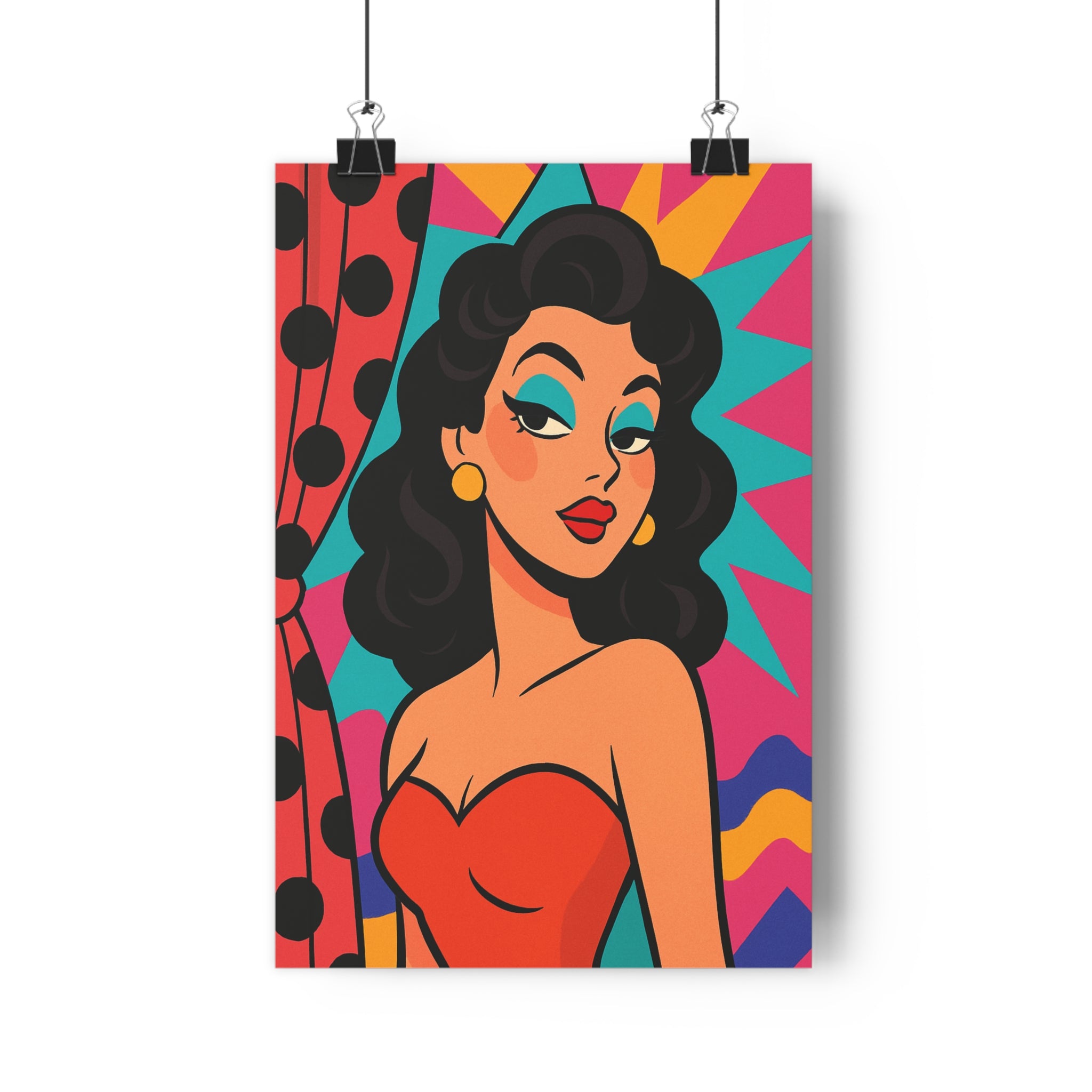 Poster décoratif rétro pop art femme glamour rouge jaune rose salon vintage élégant tendance