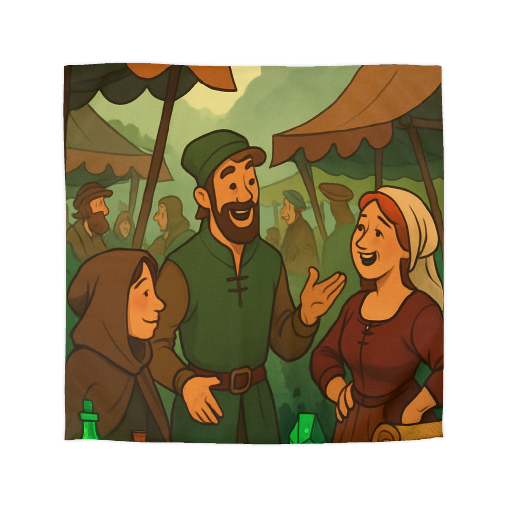 Housse de couette thème médiéval avec château, marché animé et potions colorées