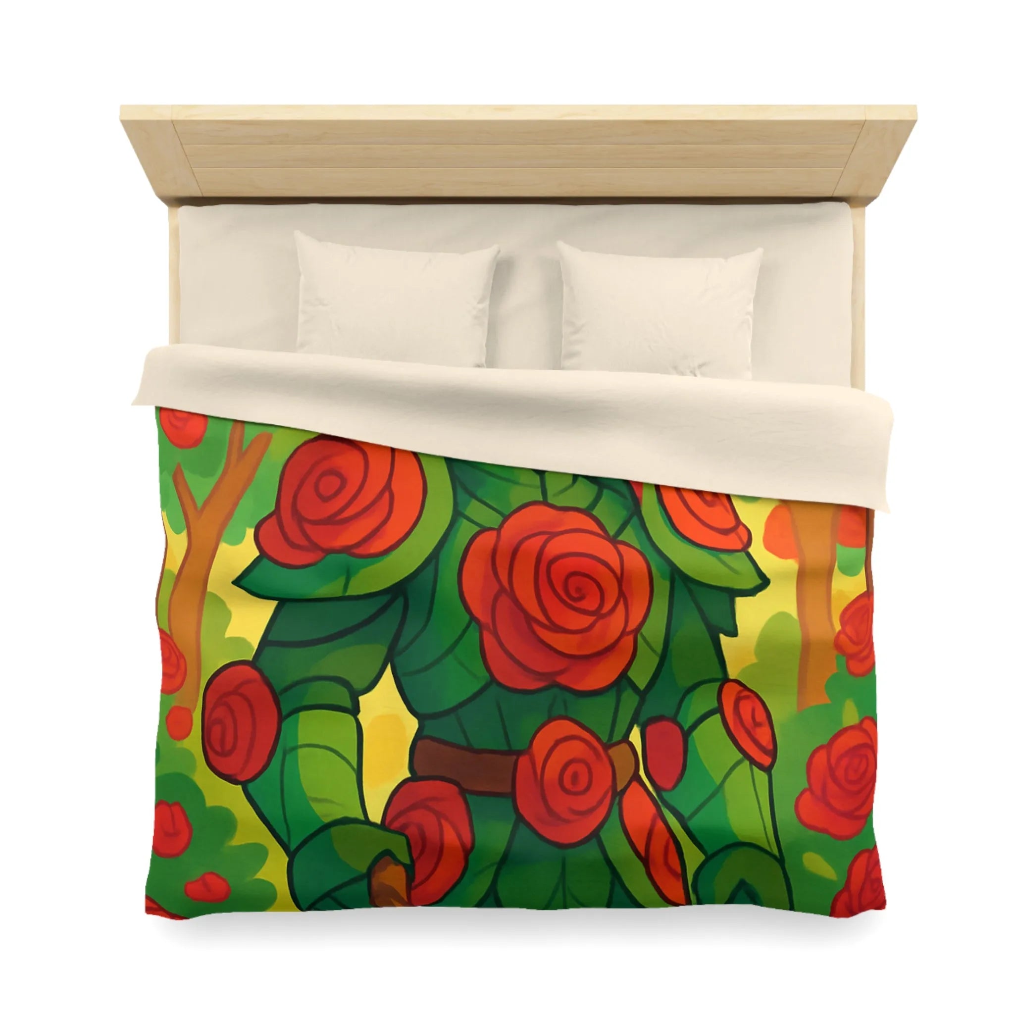 Housse de couette au design chevalier floral avec roses rouges et feuillage vert
