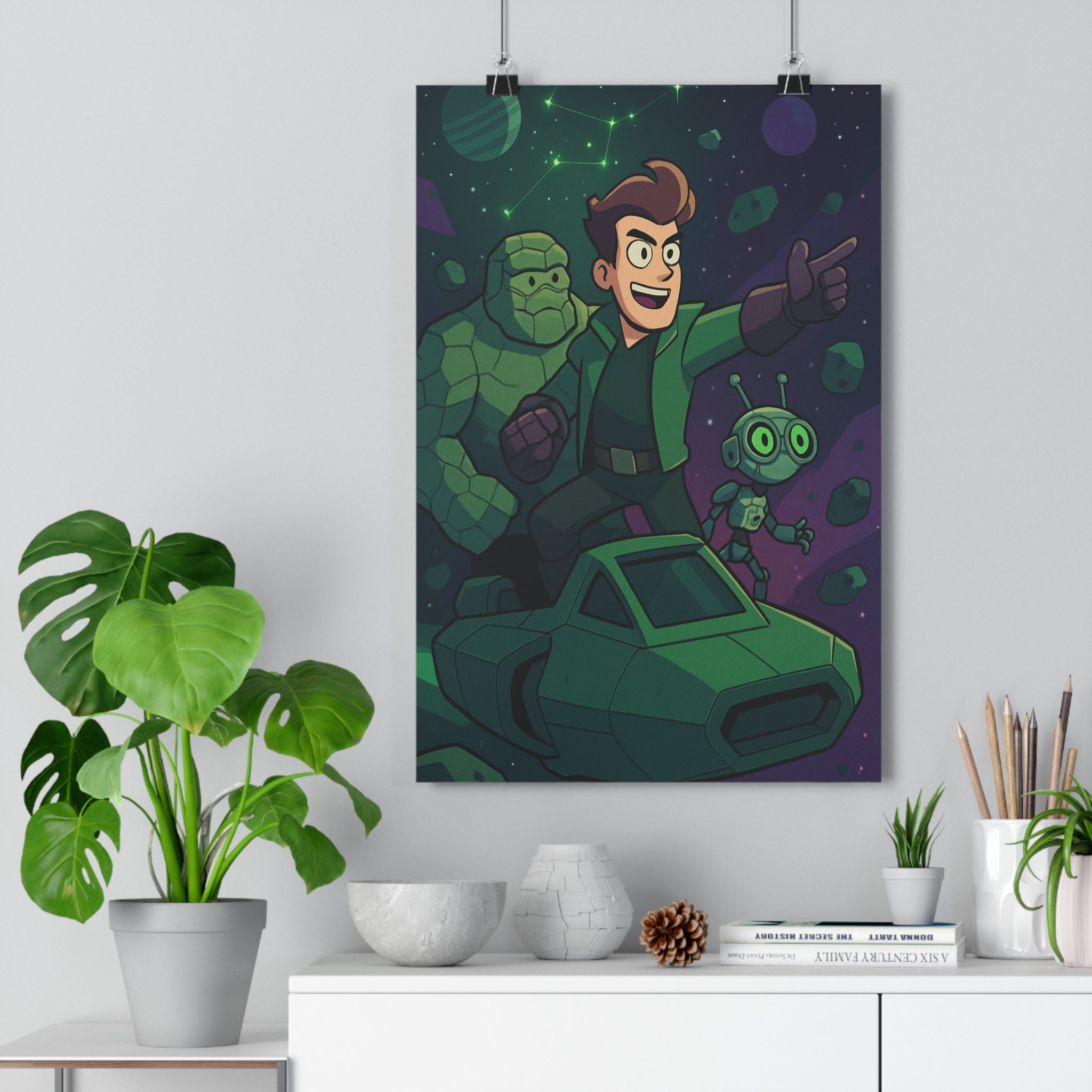Poster décoratif moderne vert violet aventure héroïque chambre enfant créatif futuriste design contemporain expressif