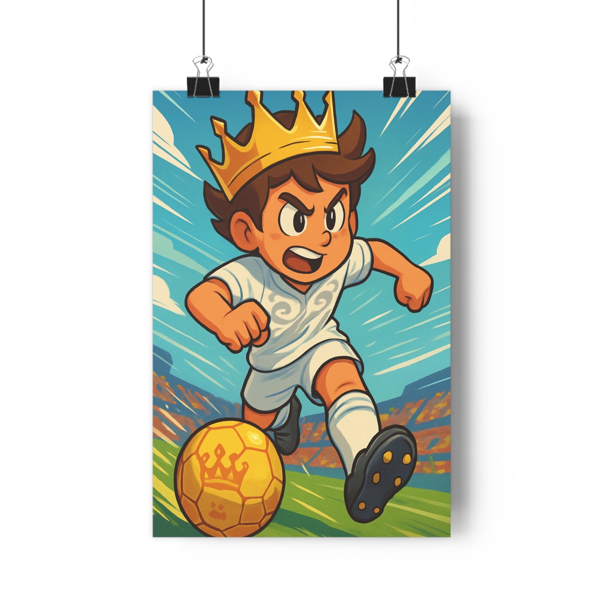 Poster décoratif football cartoon joyeux jaune blanc bleu vert chambre enfant sportif dynamique énergique