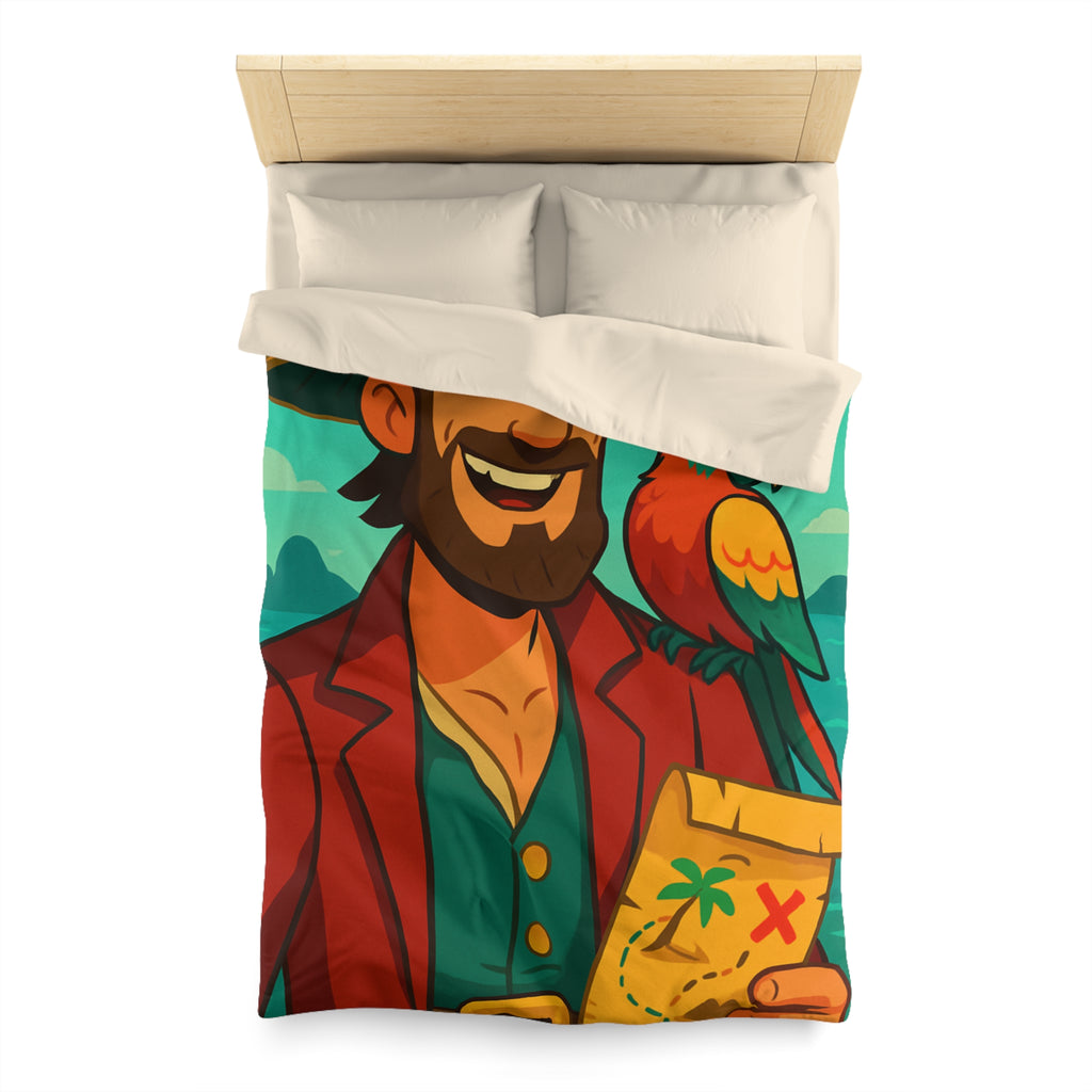 Housse de couette pirate aventurier avec perroquet coloré et carte au trésor illustrée