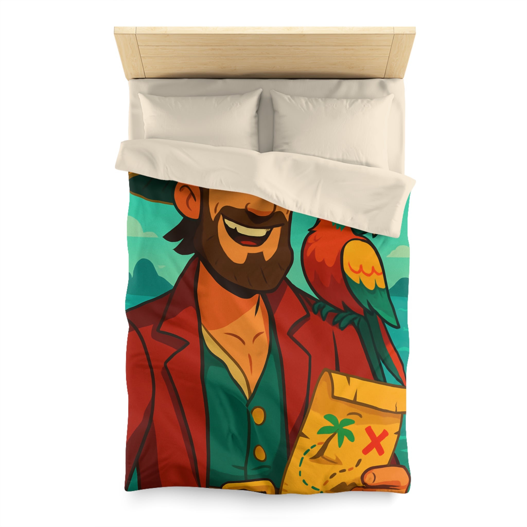 Housse de couette pirate aventurier avec perroquet coloré et carte au trésor illustrée