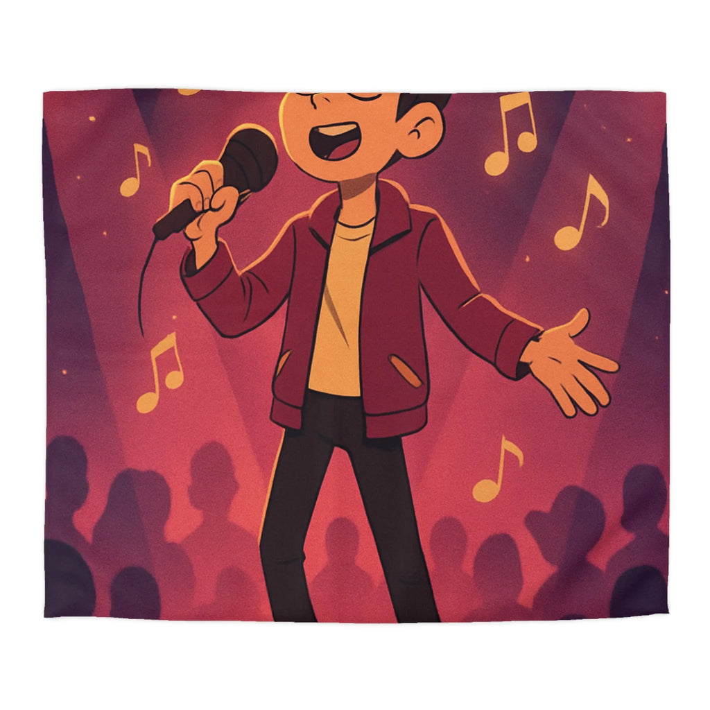 Housse de couette animée chanteur sur scène, ambiance vive et musicale au cœur vibrant