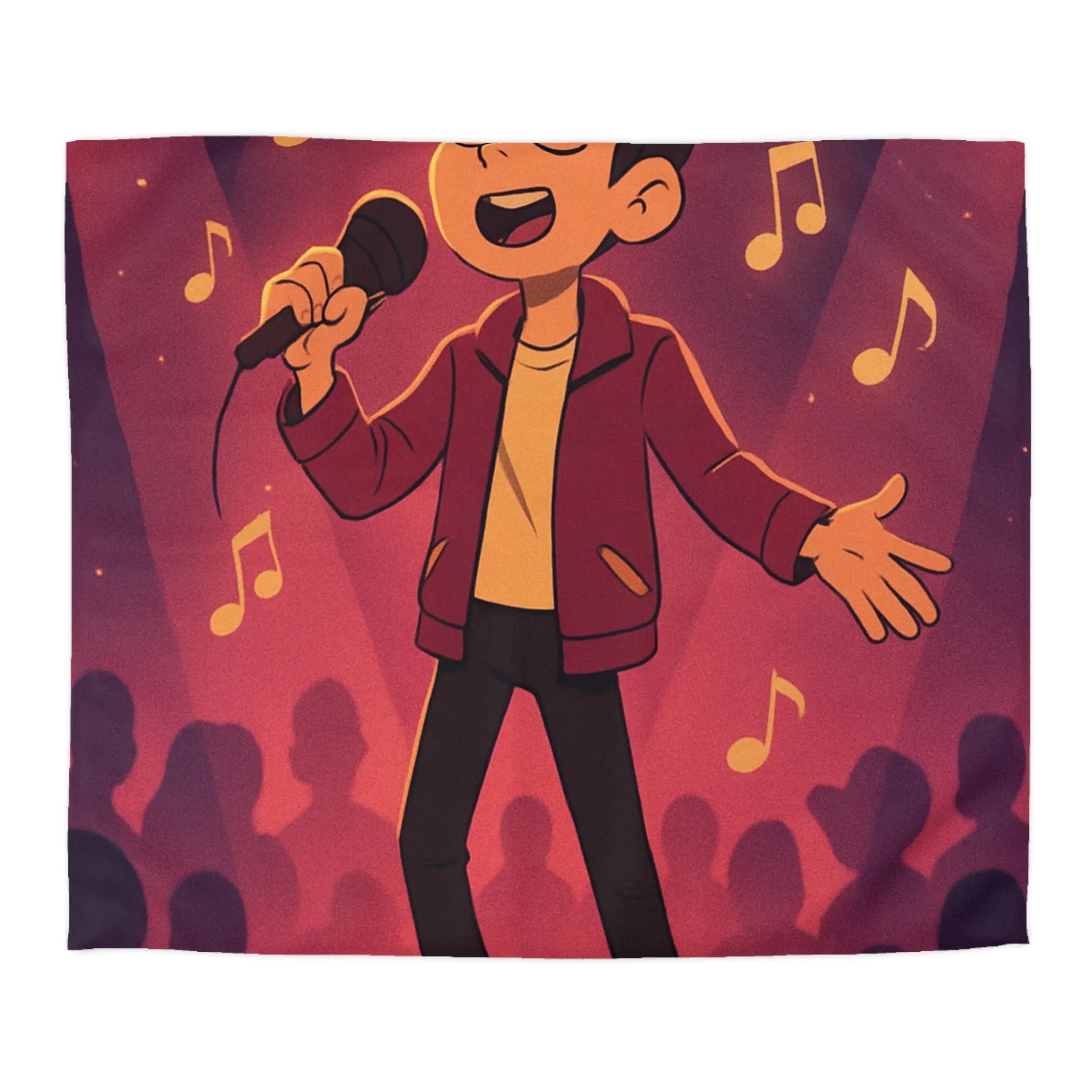 Housse de couette animée chanteur sur scène, ambiance vive et musicale au cœur vibrant