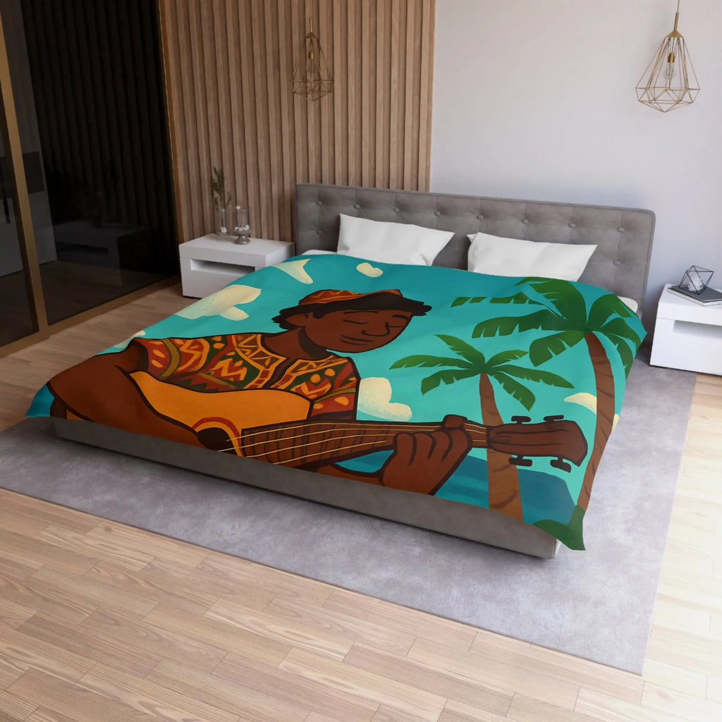 Housse de couette illustrée avec musicien joyeux sous les palmiers en bord de mer