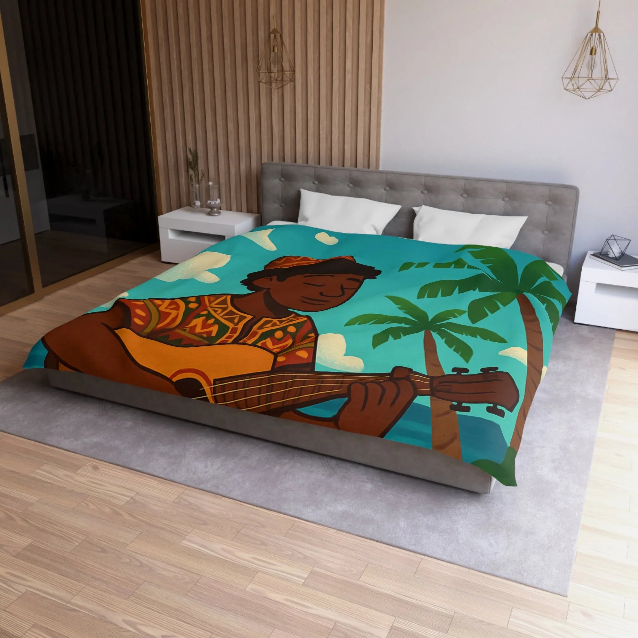 Housse de couette illustrée avec musicien joyeux sous les palmiers en bord de mer