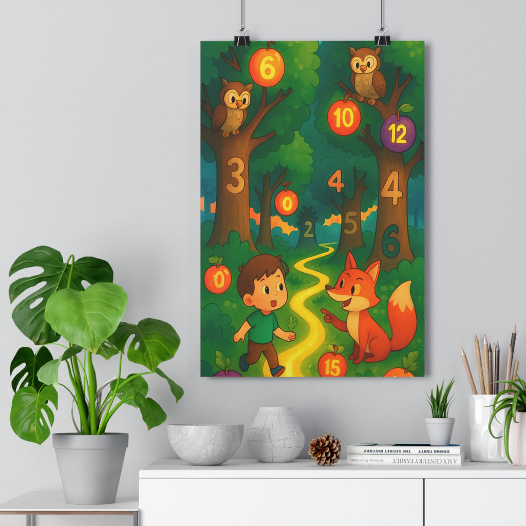 Poster décoratif enfant forêt enchantée vert bleu orange nature ludique magique chambre aventure éducatif