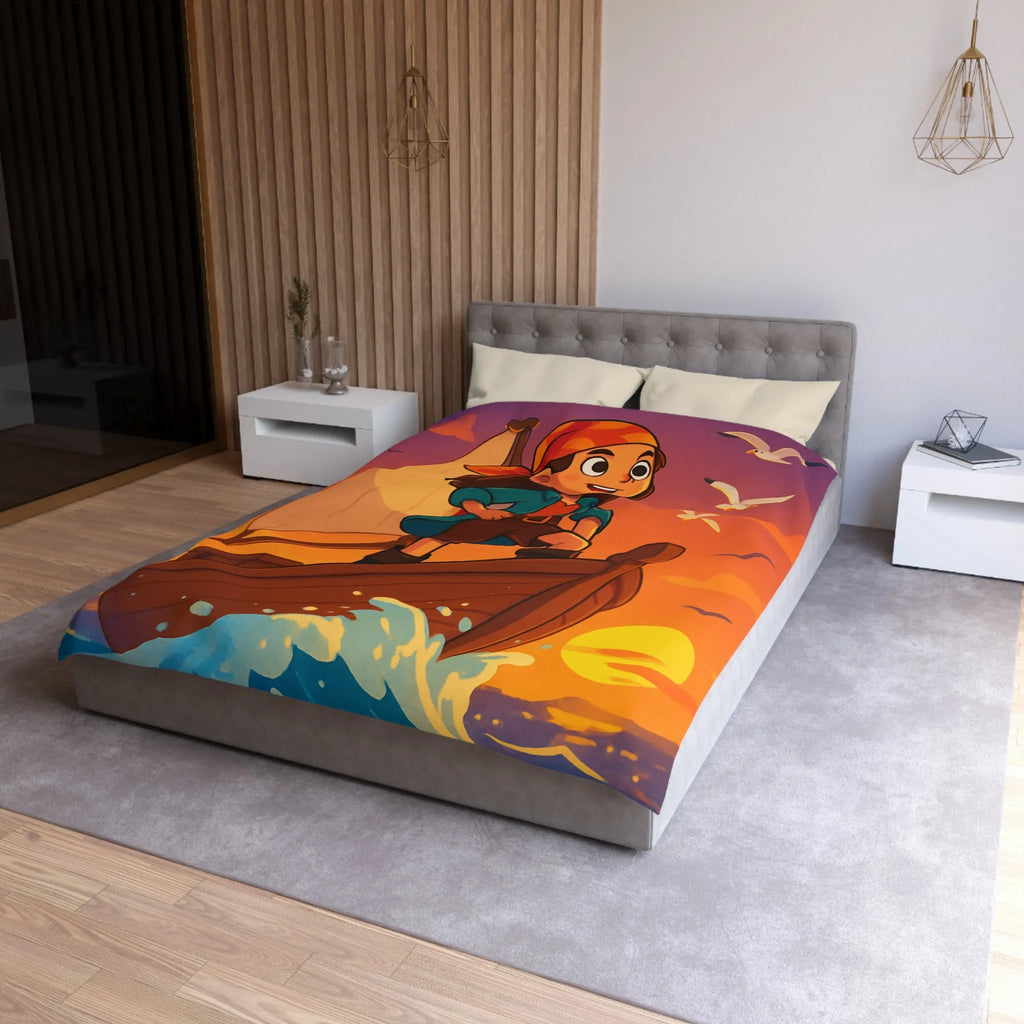Housse de couette enfant motif pirate aventure en mer avec coucher de soleil vibrant