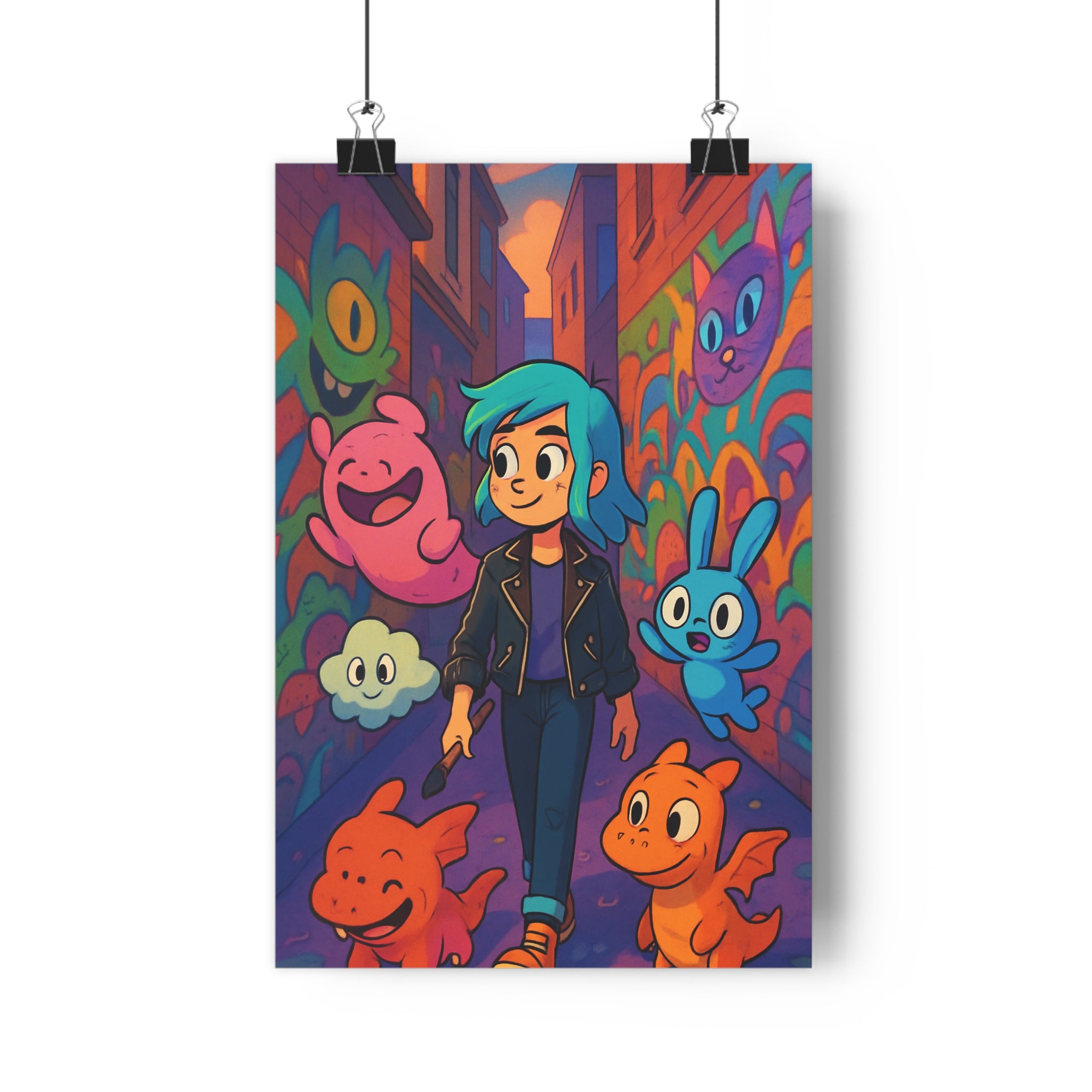 Poster décoratif vert émeraude animé créature urbaine joyeux enfant art graffiti moderne ambiance chambre