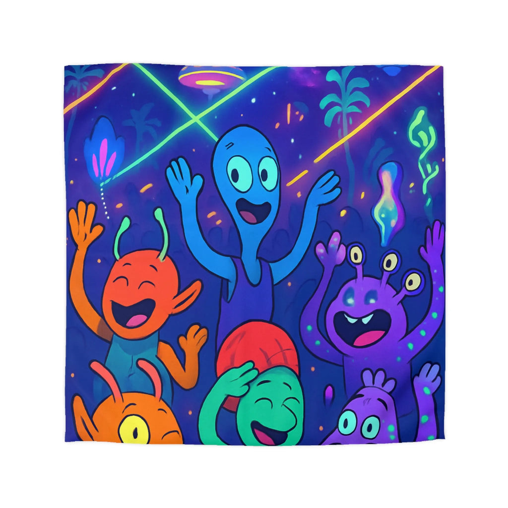 Housse de couette colorée avec des créatures extraterrestres dans une fête cosmique lumineuse