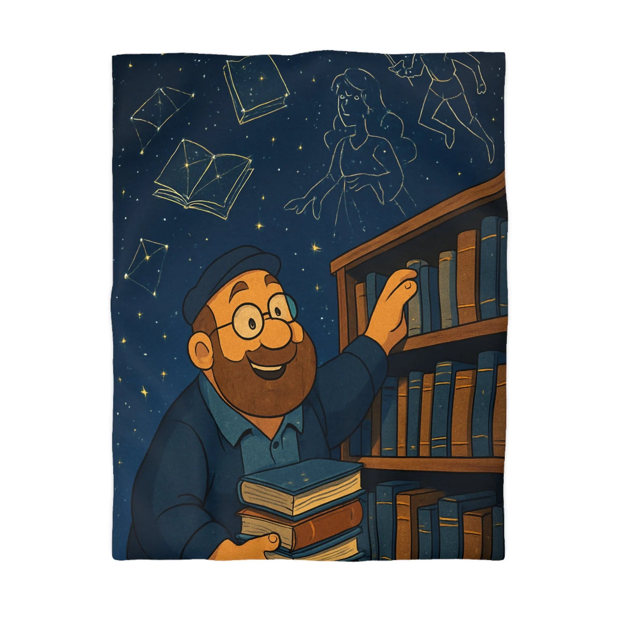 Housse de couette magique avec bibliothécaire sous ciel étoilé et livres animés