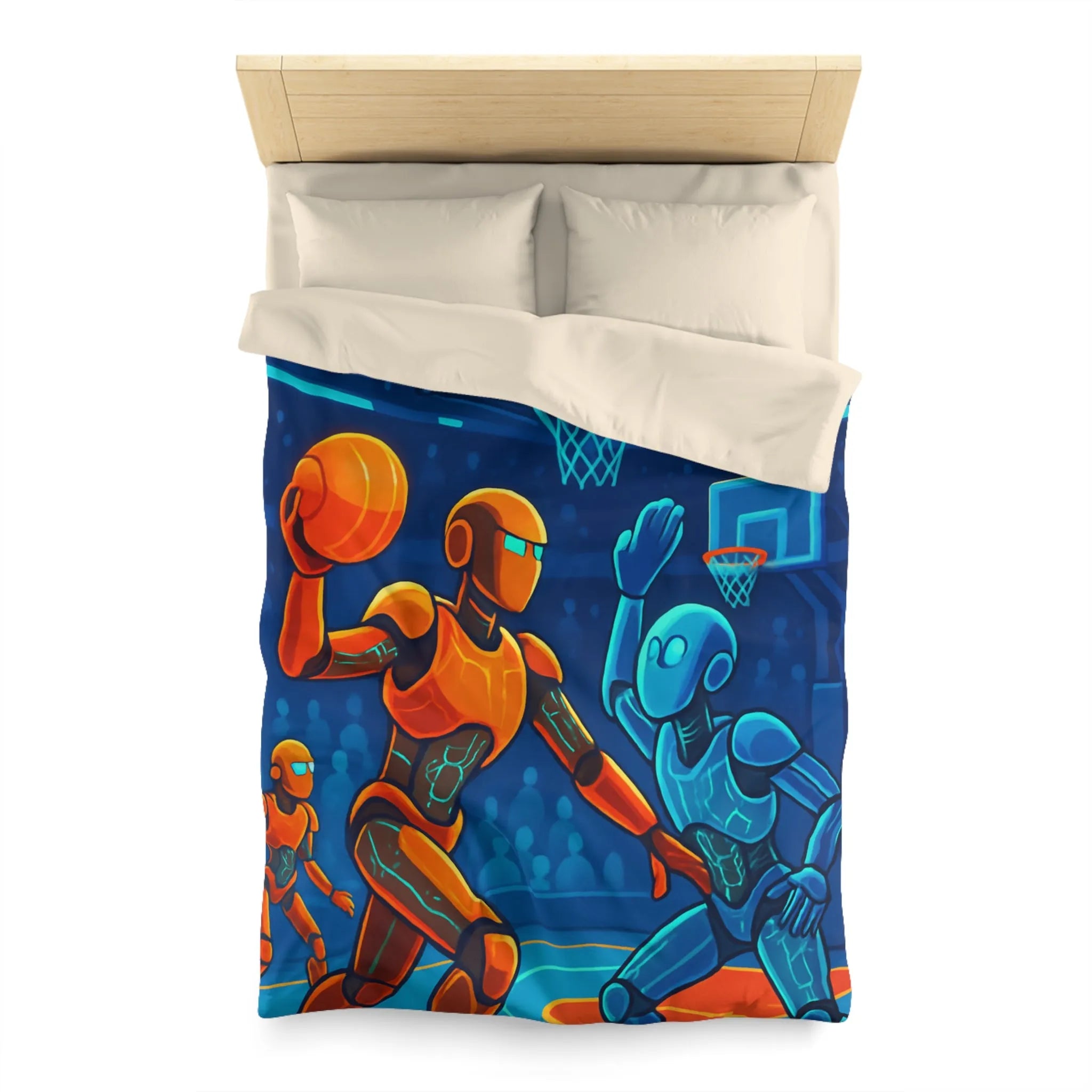 Housse de couette avec motif futuriste de robots jouant au basket sous lumière néon
